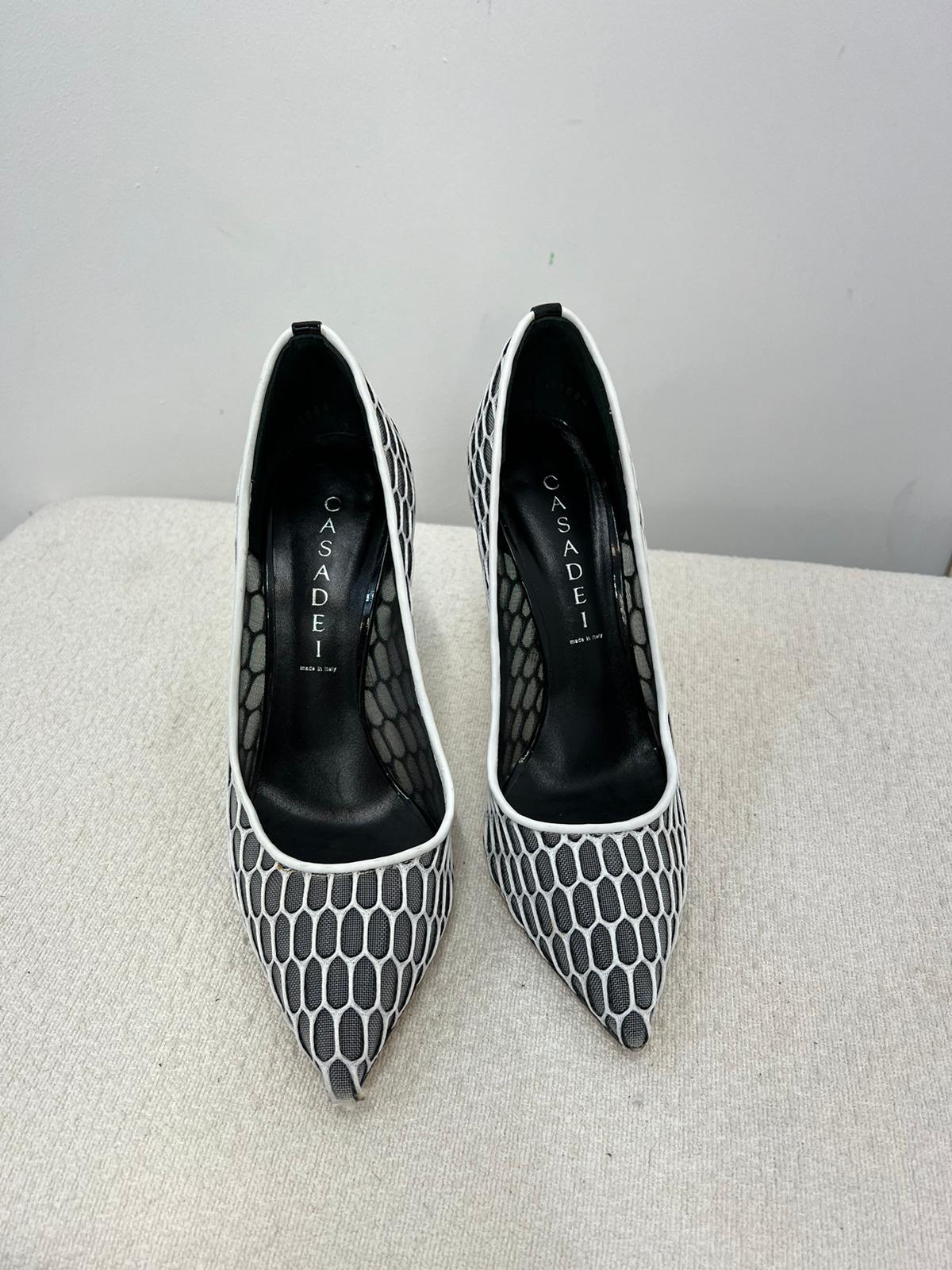 Casadei White And Grey Net Heels - UK 4