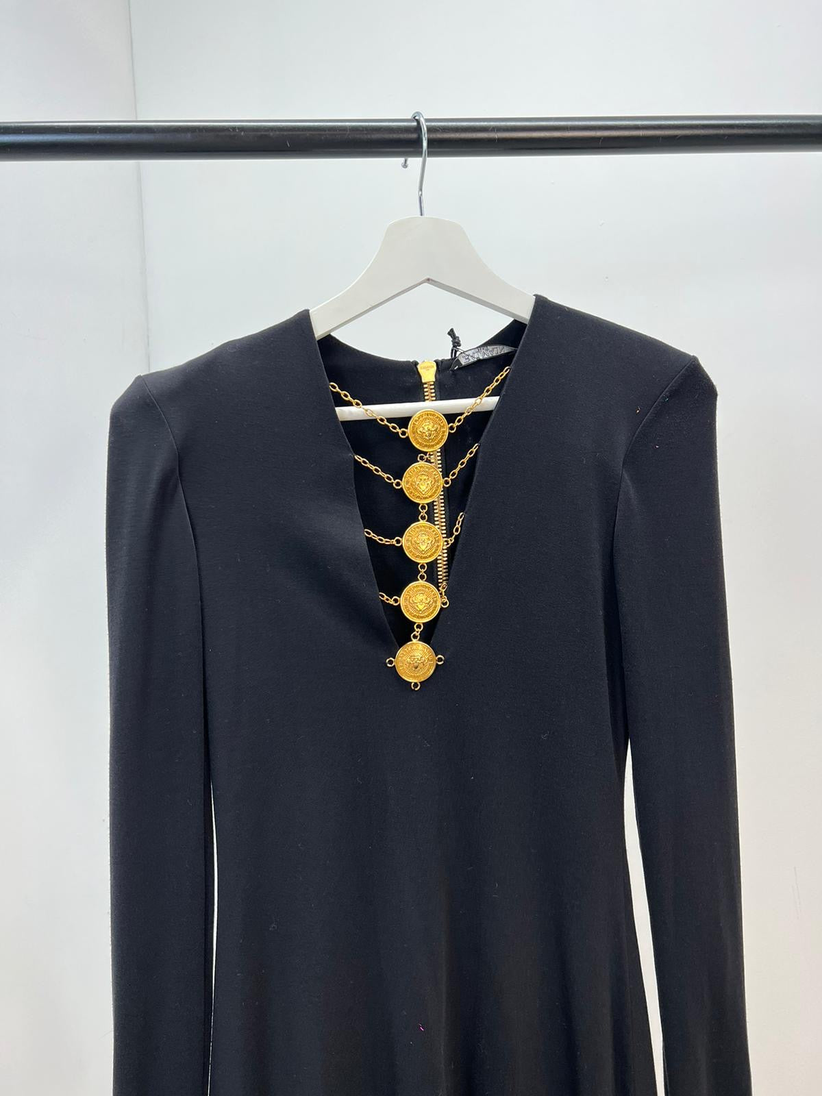 Balmain Black & Gold Detail Low Cut Long Sleeve Dress, Brand New In Tags - UK 8