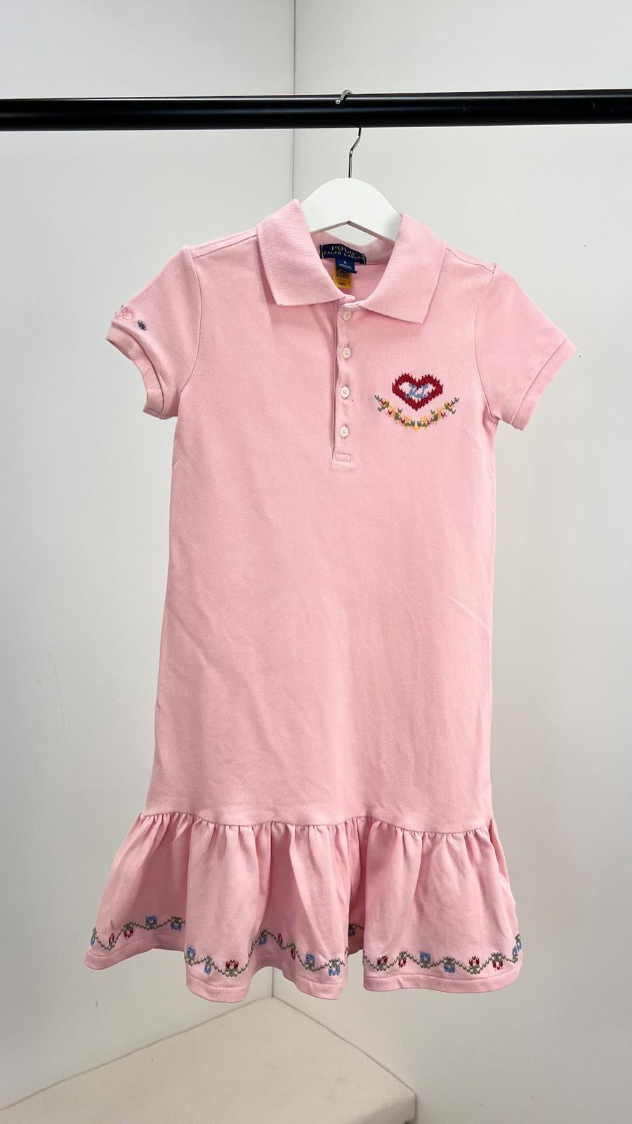 Kids Ralph Lauren Girls Pink Polo Frill Trim Heart Logo Dress - Age 6