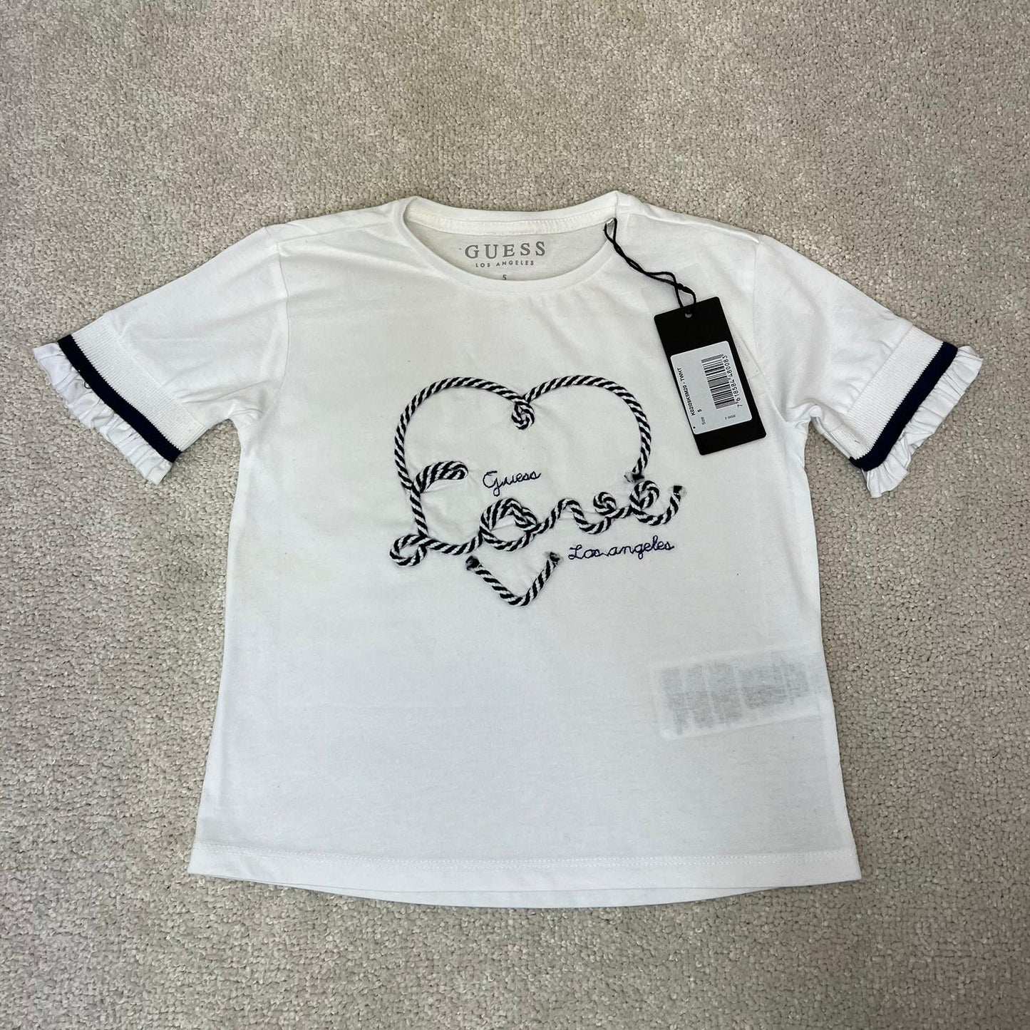 Kids Guess White Black Logo Heart T-Shirt, In Tag - Age 5