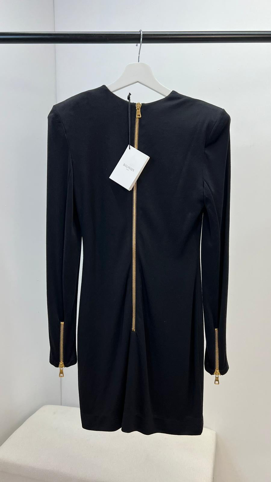Balmain Black & Gold Detail Low Cut Long Sleeve Dress, Brand New In Tags - UK 8