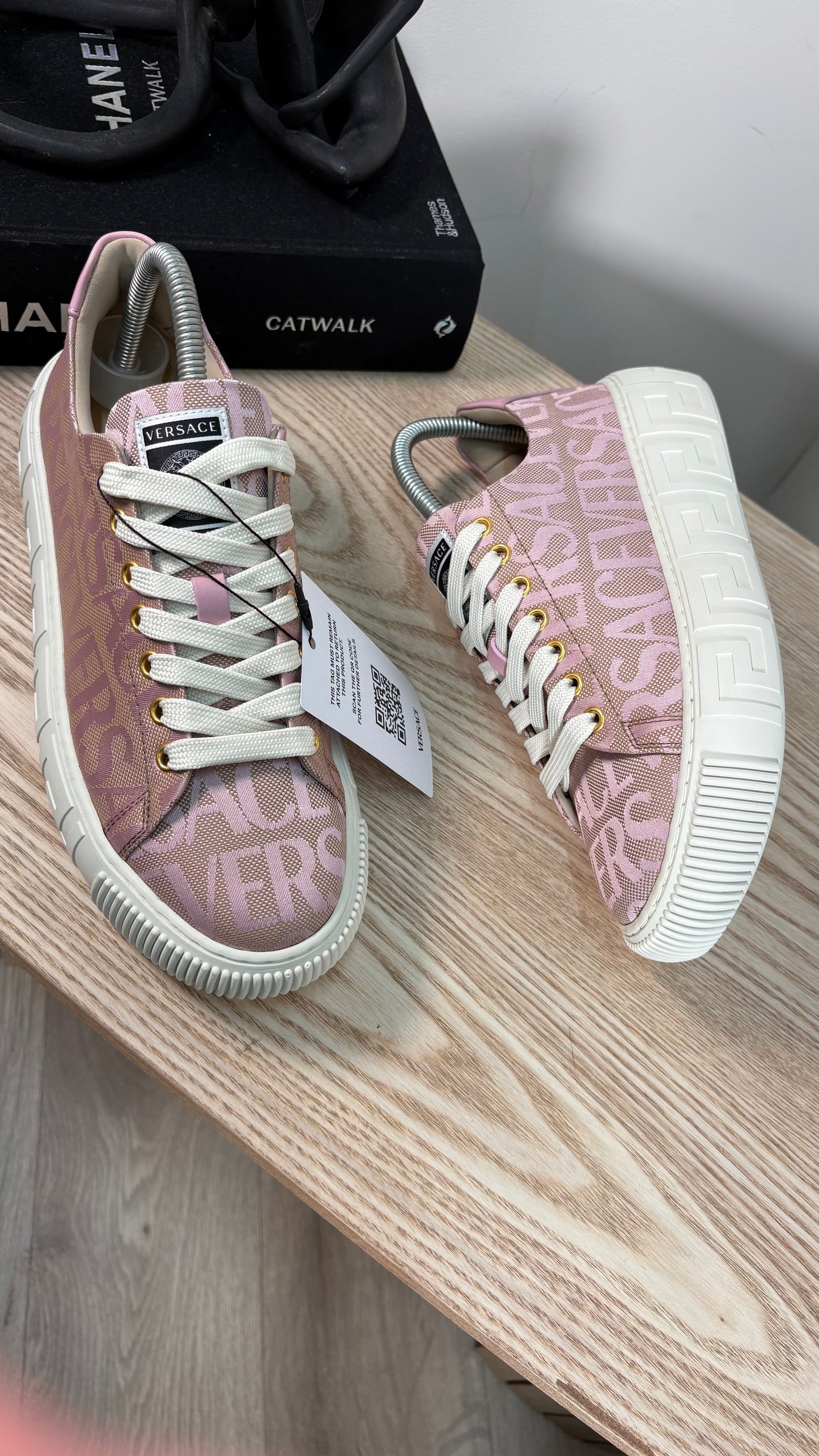 Versace Pink Greca Allover Canvas Trainers – Brand New In Box EU 38 / UK 5
