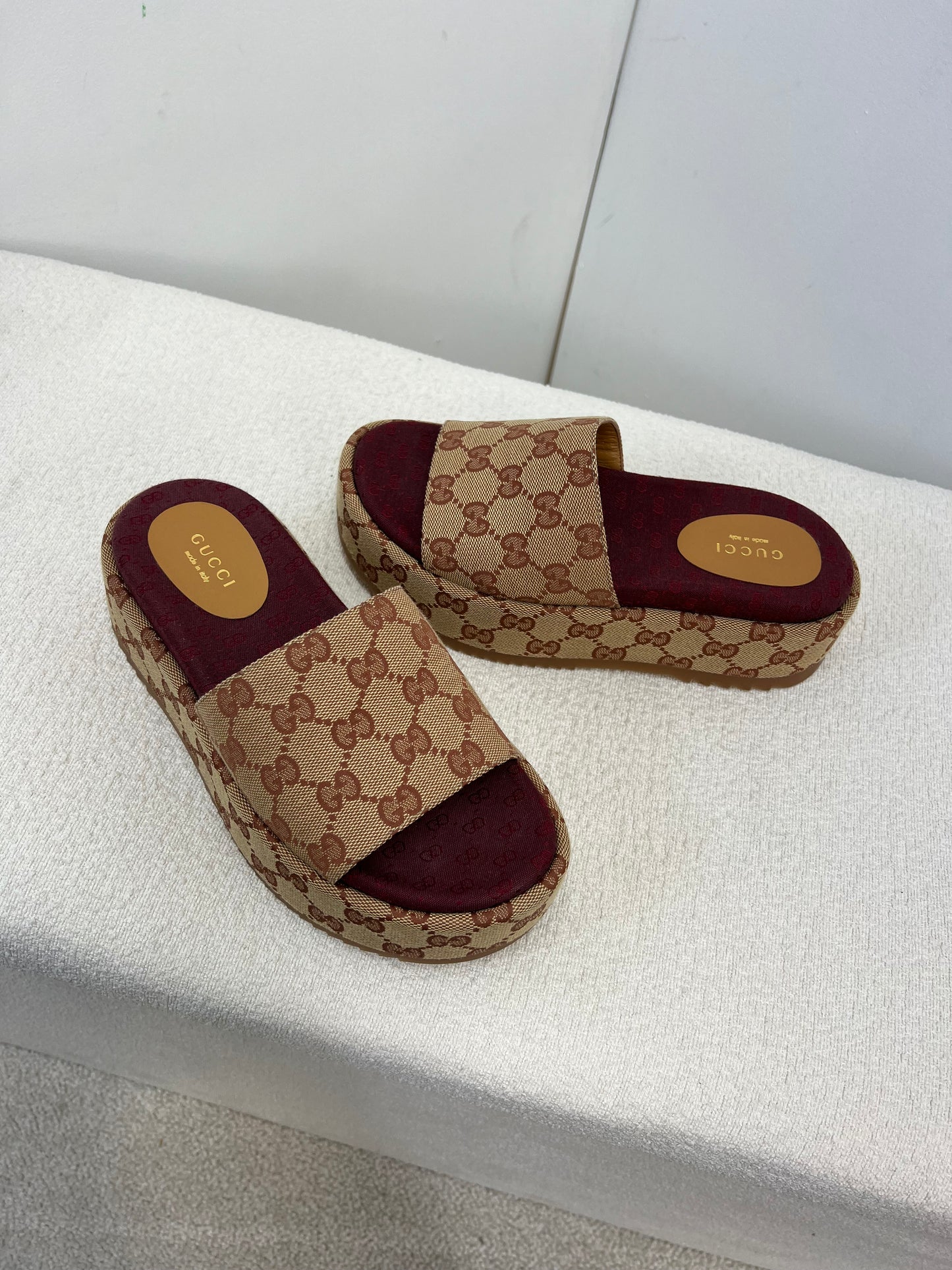 Gucci Platform camel and ebony maxi GG canvas Slide Sandal (Eu 35.5/ UK 2.5) Fits 3
