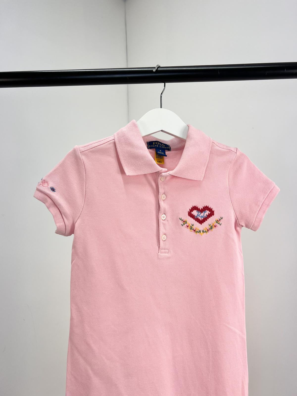 Kids Ralph Lauren Girls Pink Polo Frill Trim Heart Logo Dress - Age 6