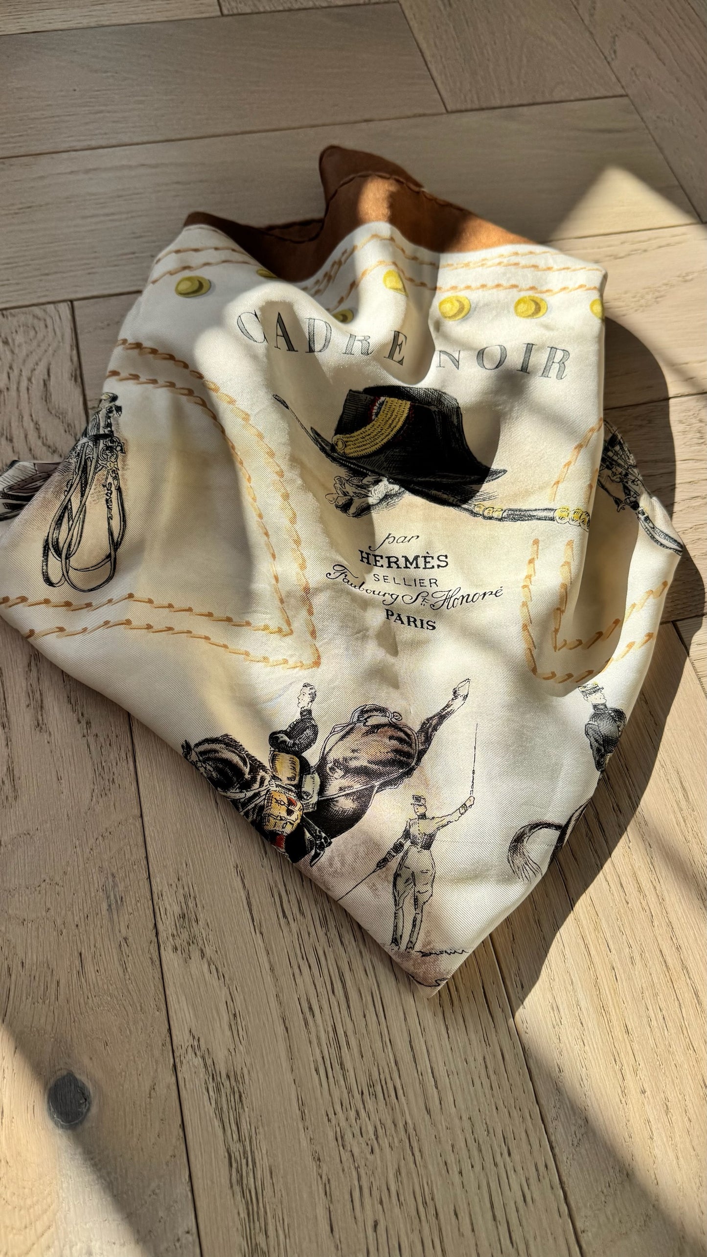 Hermès Cadre Noir Brown Cream Silk Scarf