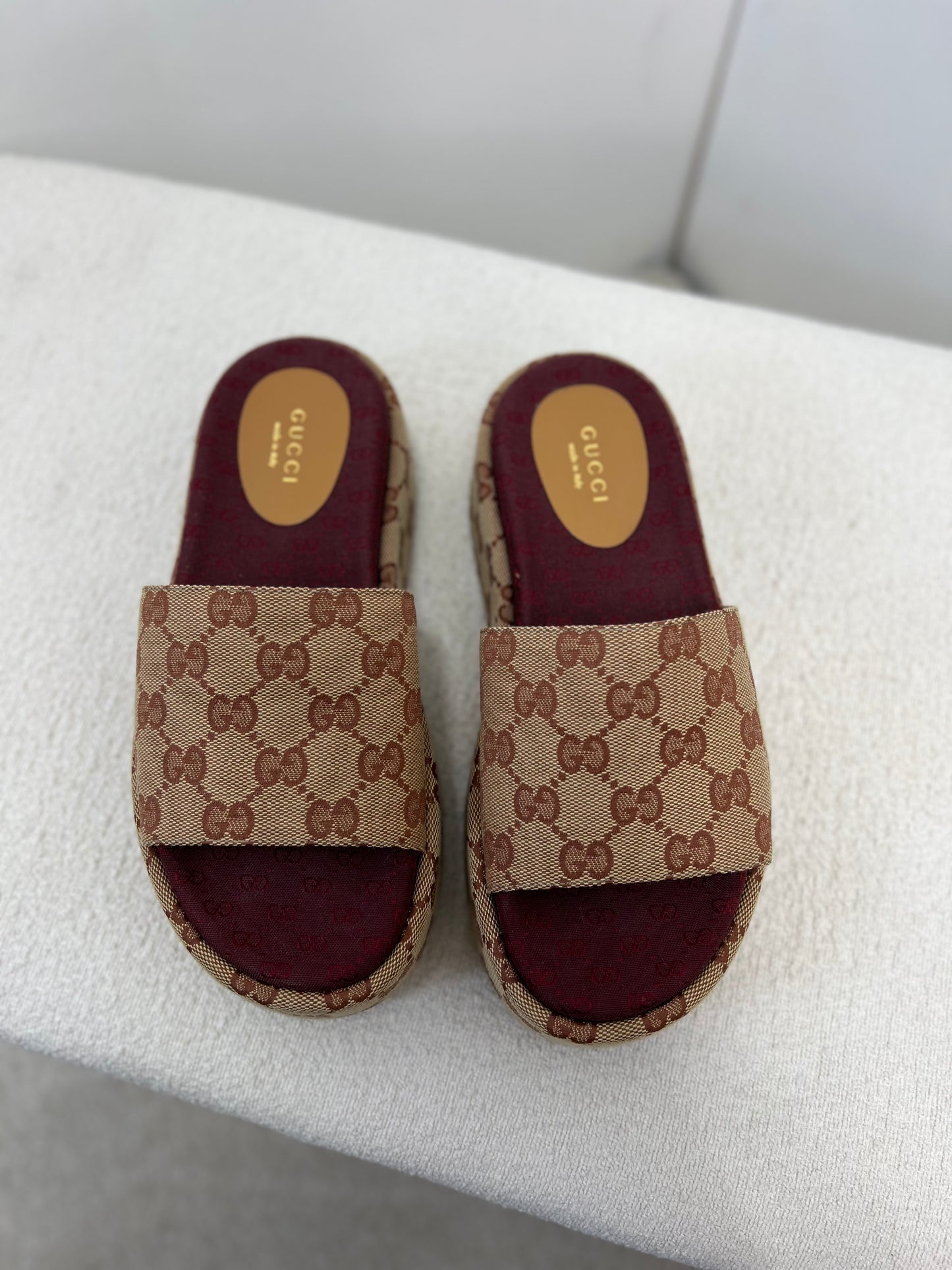 Gucci Platform camel and ebony maxi GG canvas Slide Sandal (Eu 35.5/ UK 2.5) Fits 3