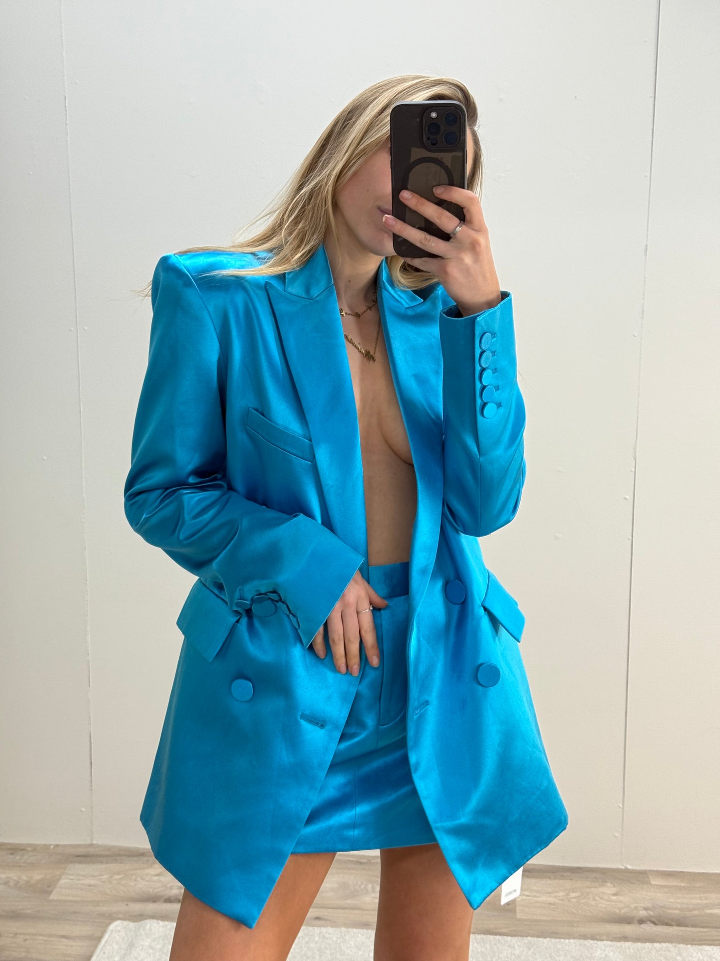 Alex Perry Blue Duchess Silk Blazer Skirt Set, In Tags - UK 8
