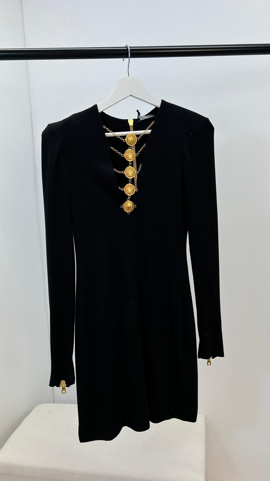 Balmain Black & Gold Detail Low Cut Long Sleeve Dress, Brand New In Tags - UK 8