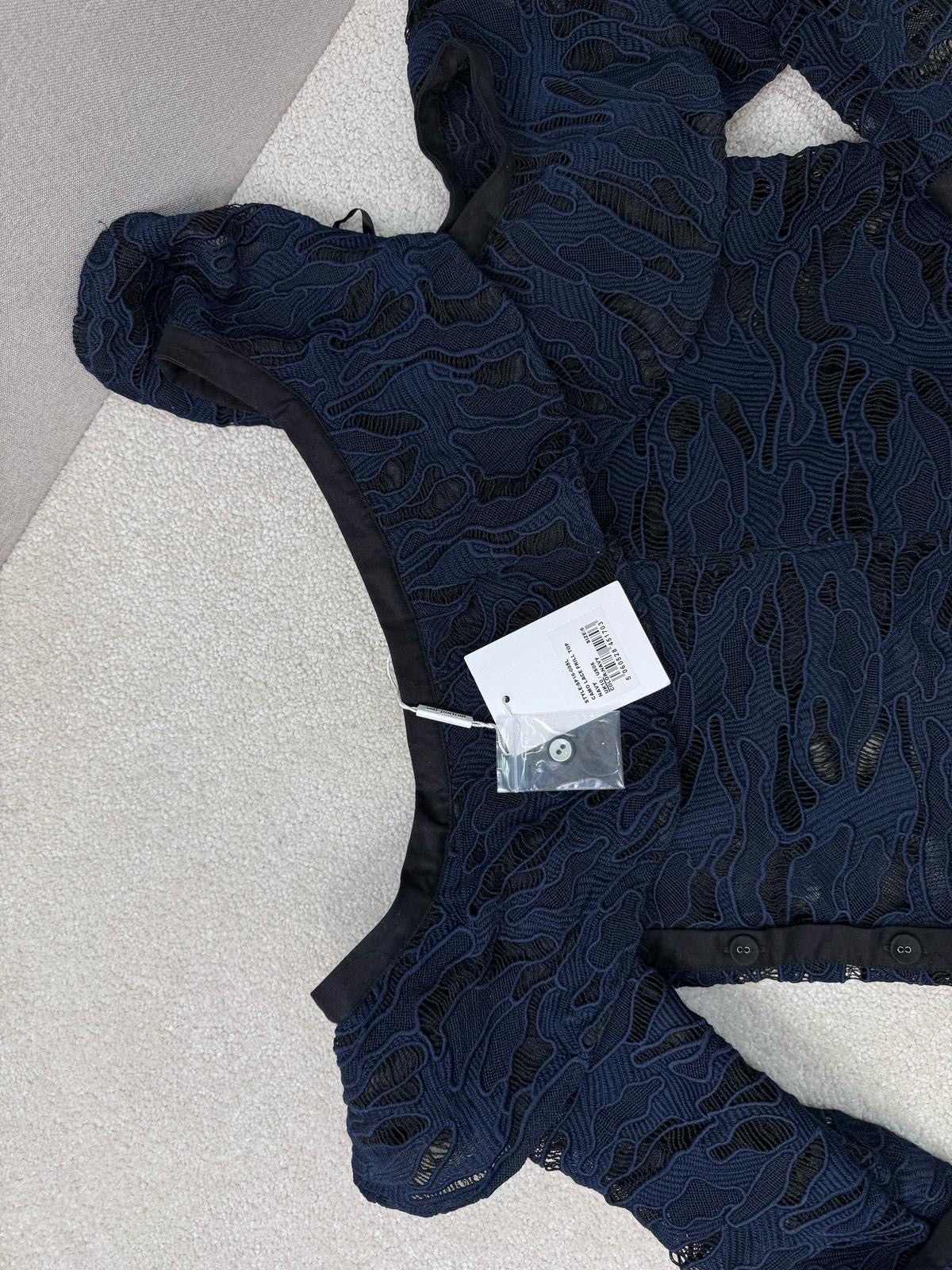 Self Portrait Navy Black Lace Camo Frill Top New In Tags - UK 10