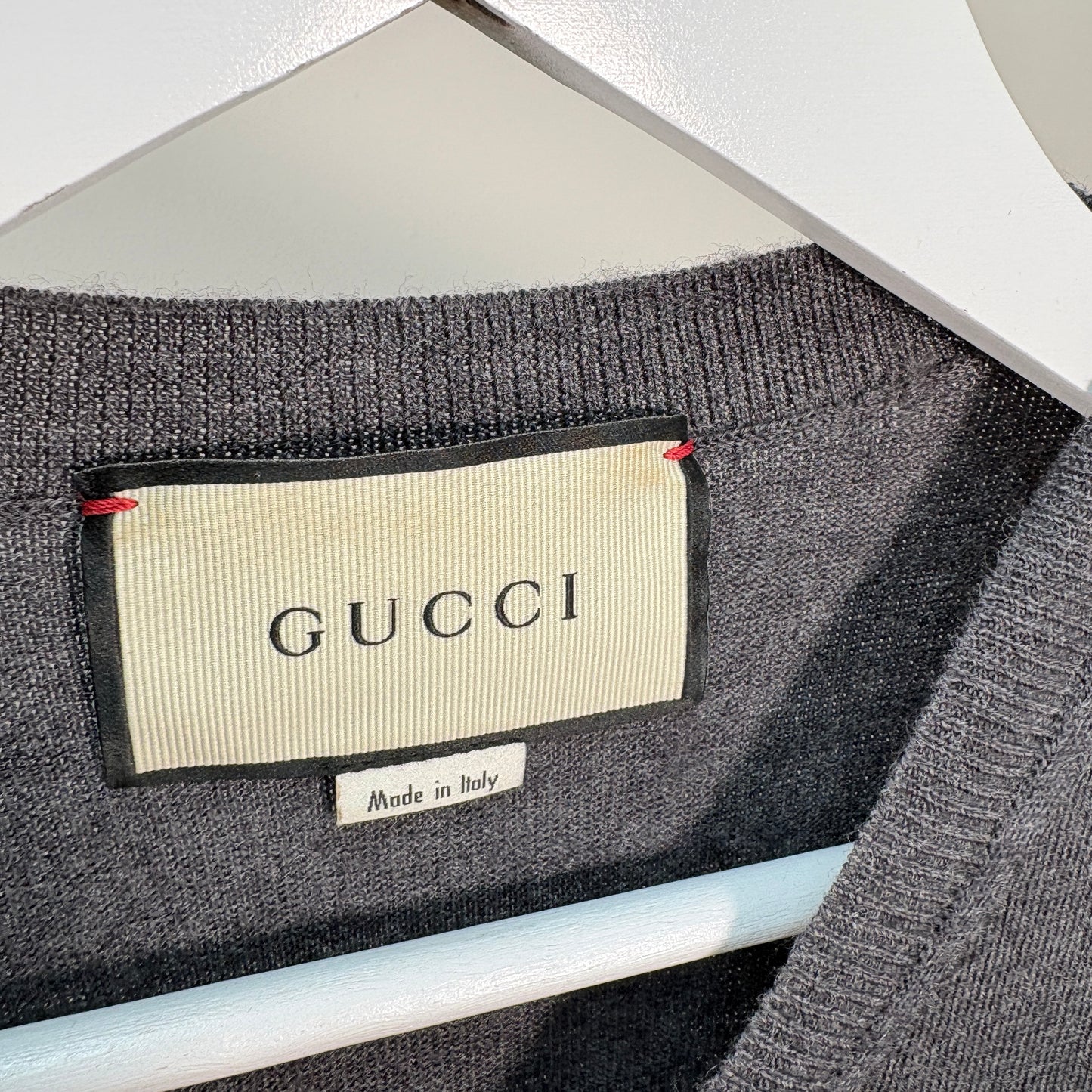 Gucci Grey Crew-Neck Sweater with Red & Blue Trims – XS