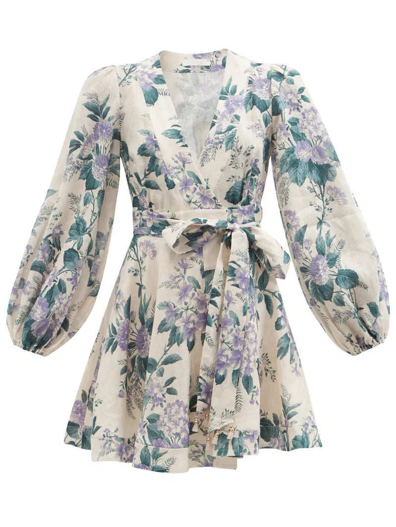 Zimmermann Cassia Floral-Print Linen Purple Green Floral Mini Dress -0