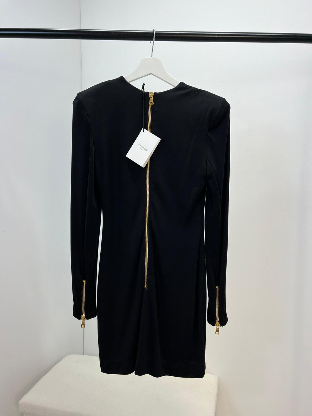 Balmain Black & Gold Detail Low Cut Long Sleeve Dress, Brand New In Tags - UK 8