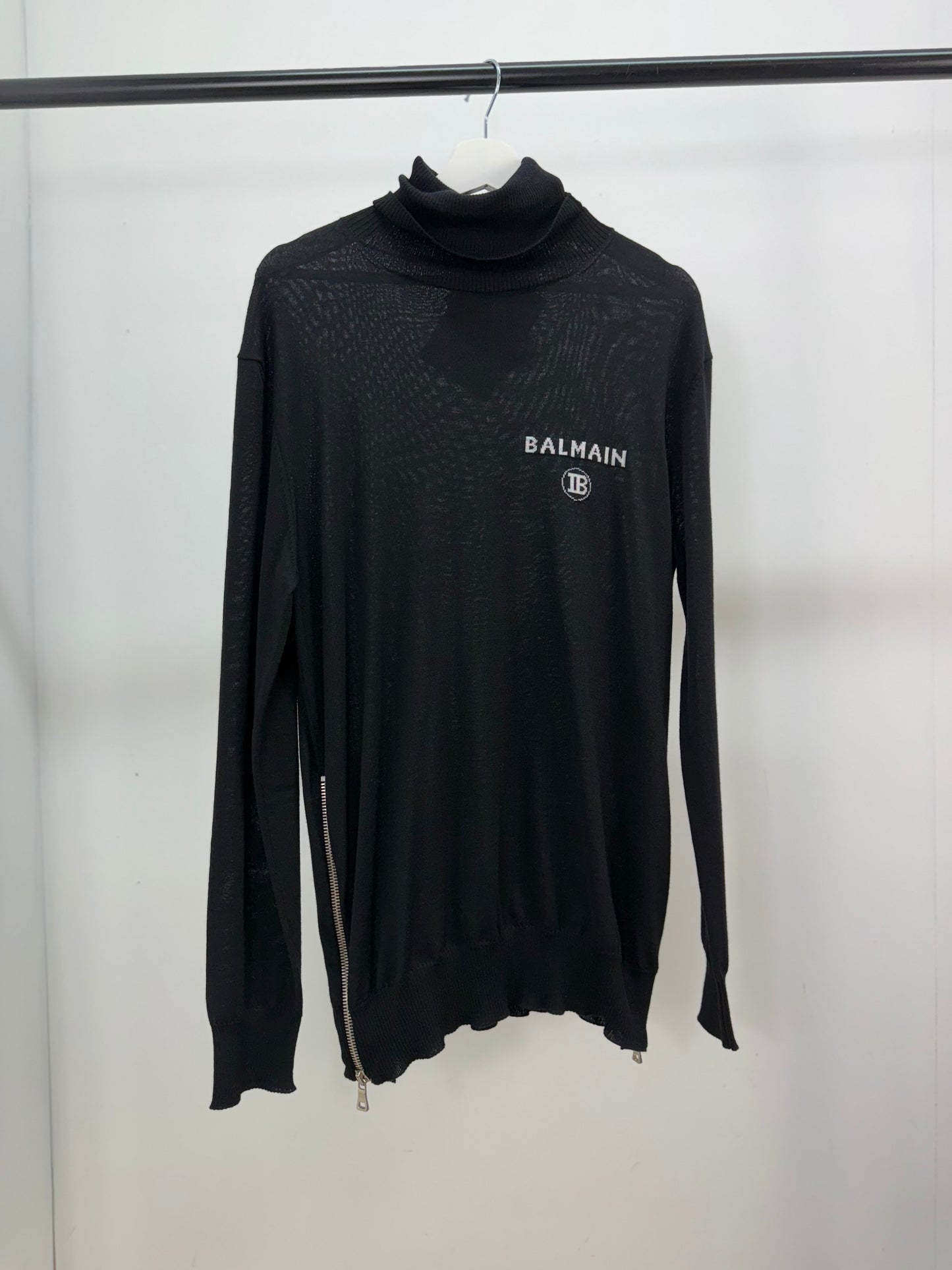 Balmain Black Logo Turtle Neck, Side Zip Up Jumper- Brand New In Tags, Medium