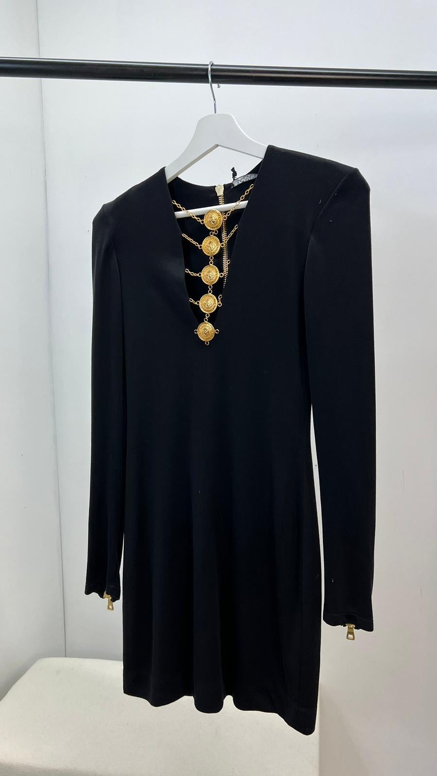 Balmain Black & Gold Detail Low Cut Long Sleeve Dress, Brand New In Tags - UK 8