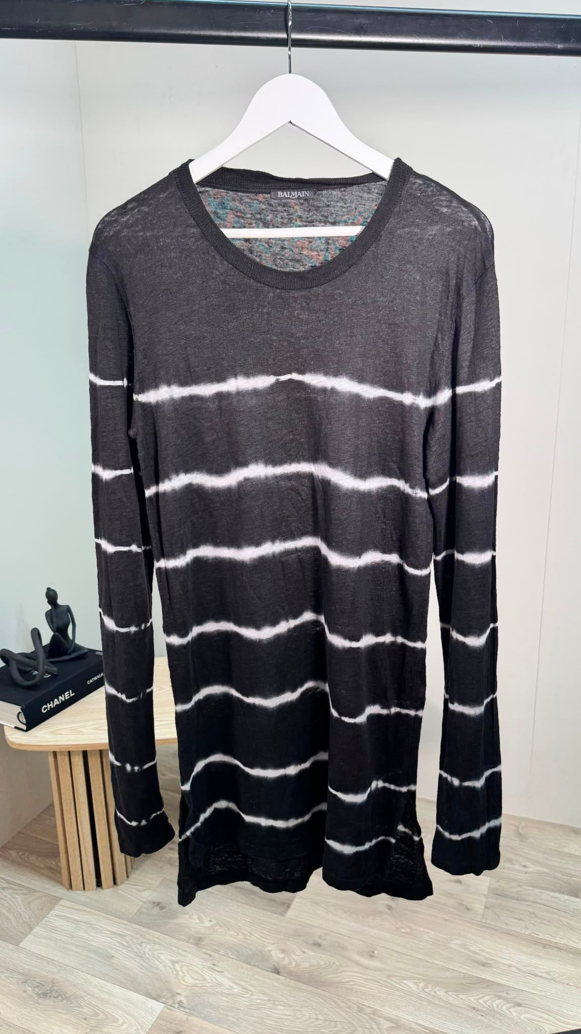 Balmain Black Long Sleeve White Stripe Top – Medium