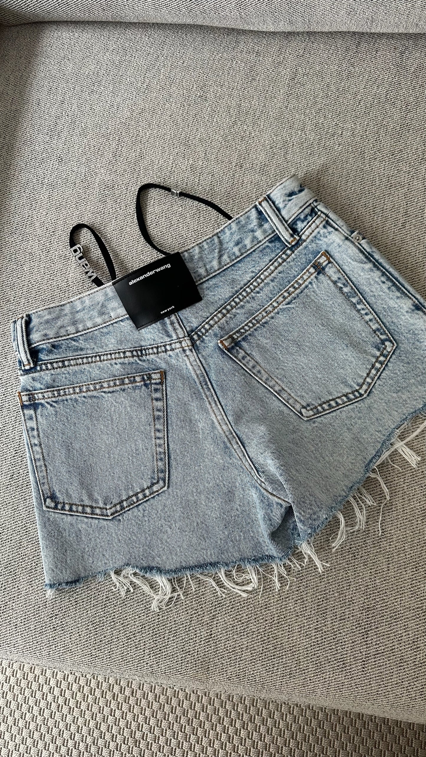 Alexander Wang Blue Denim Thong Diamonte Badge Shorts-Brand New In Tags XXS