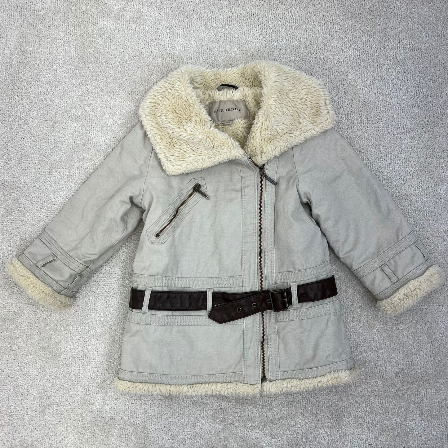 Kids Burberry Cream Zip Up With Belt Furr Coat - Age 3