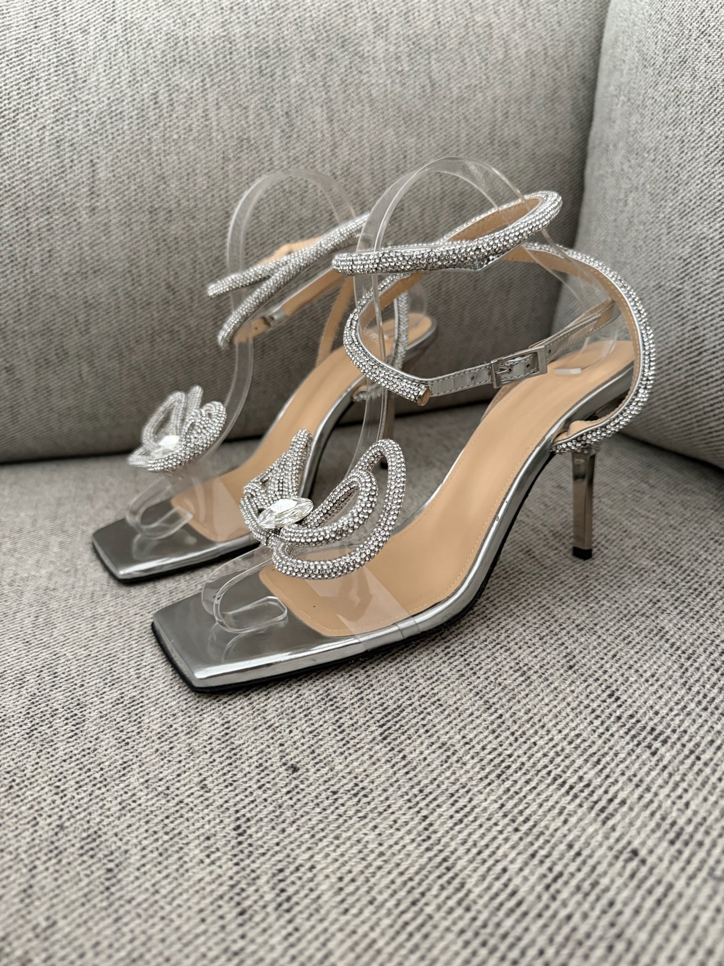 Mach & Mach Silver Sequin Diamanté Bow Heels - UK 6.5 - Suited for UK 4.5