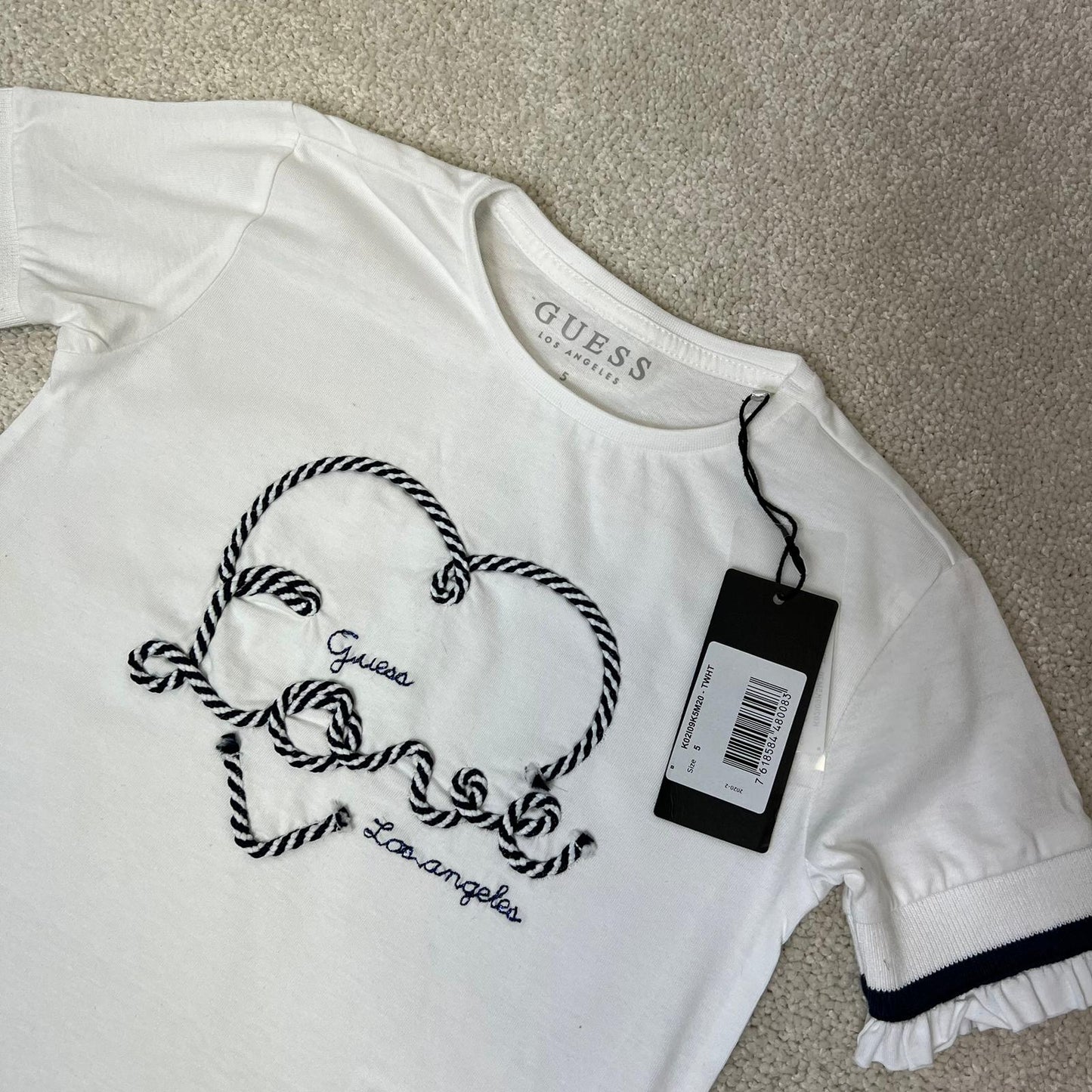 Kids Guess White Black Logo Heart T-Shirt, In Tag - Age 5