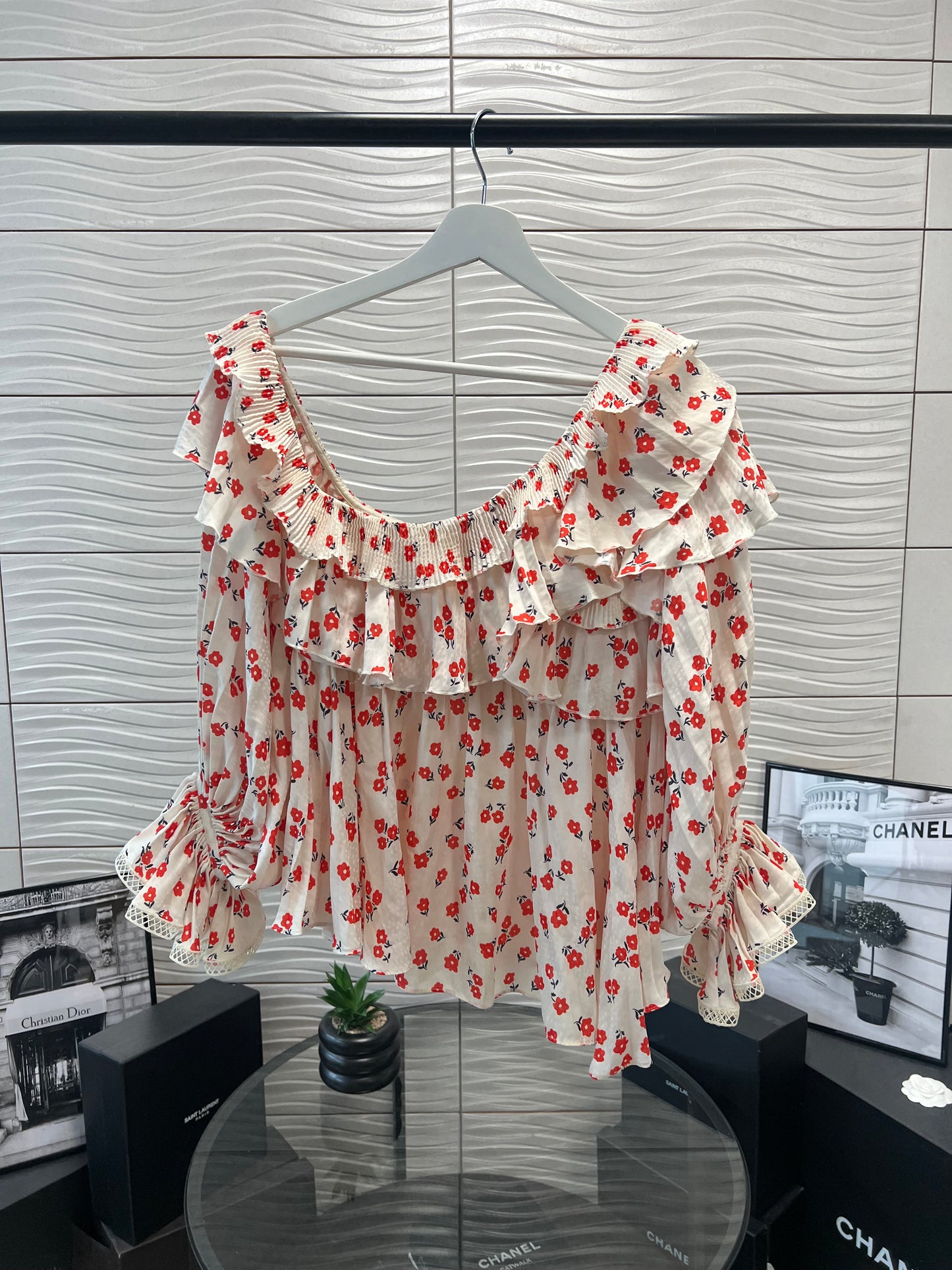 Self Portrait Ditsy Print, Off the Shoulder Floral Top - UK 10