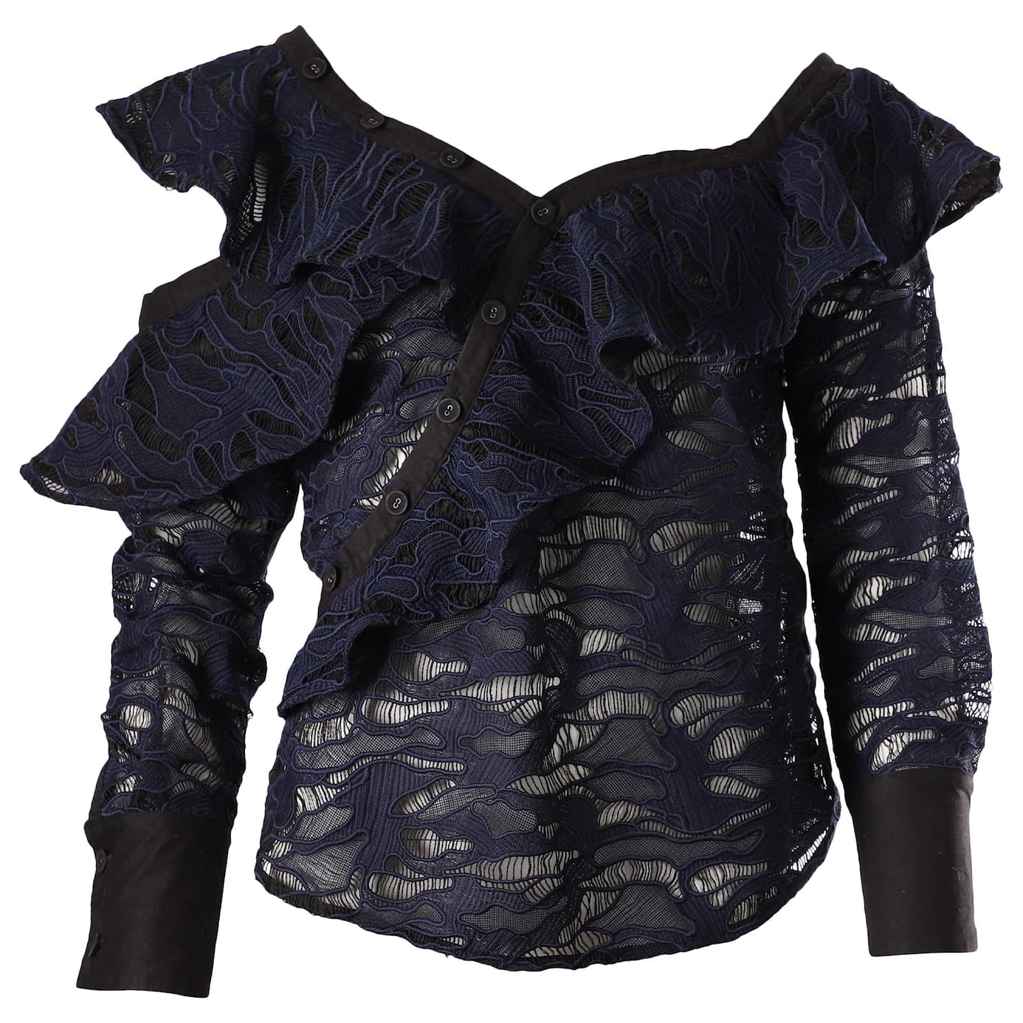 Self Portrait Navy Black Lace Camo Frill Top New In Tags - UK 10