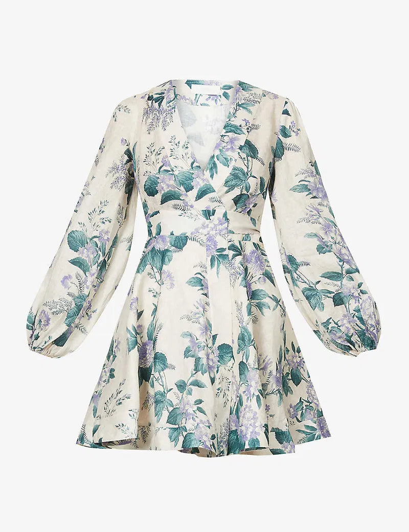 Zimmermann Cassia Floral-Print Linen Purple Green Floral Mini Dress -0