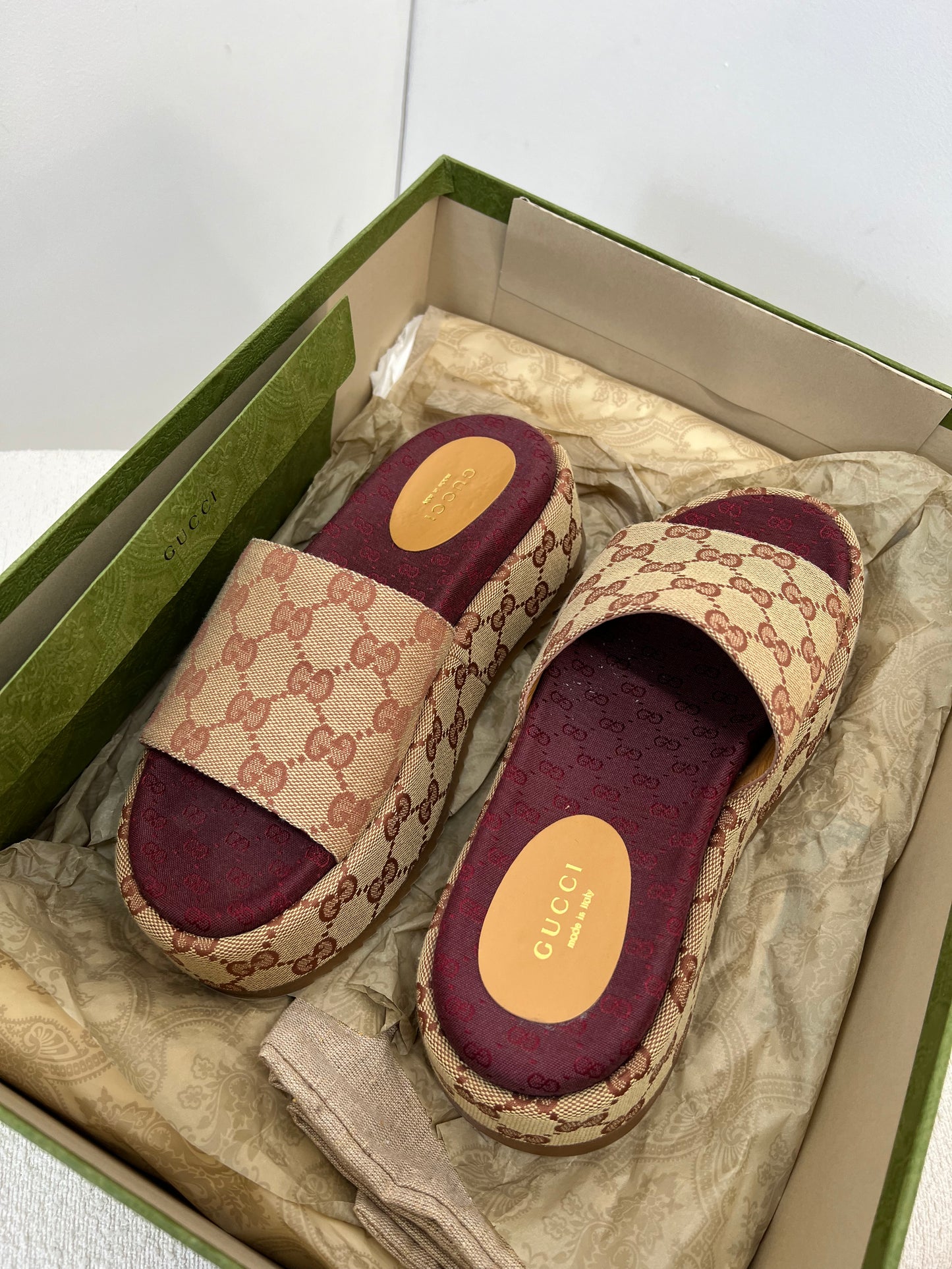 Gucci Platform camel and ebony maxi GG canvas Slide Sandal (Eu 35.5/ UK 2.5) Fits 3