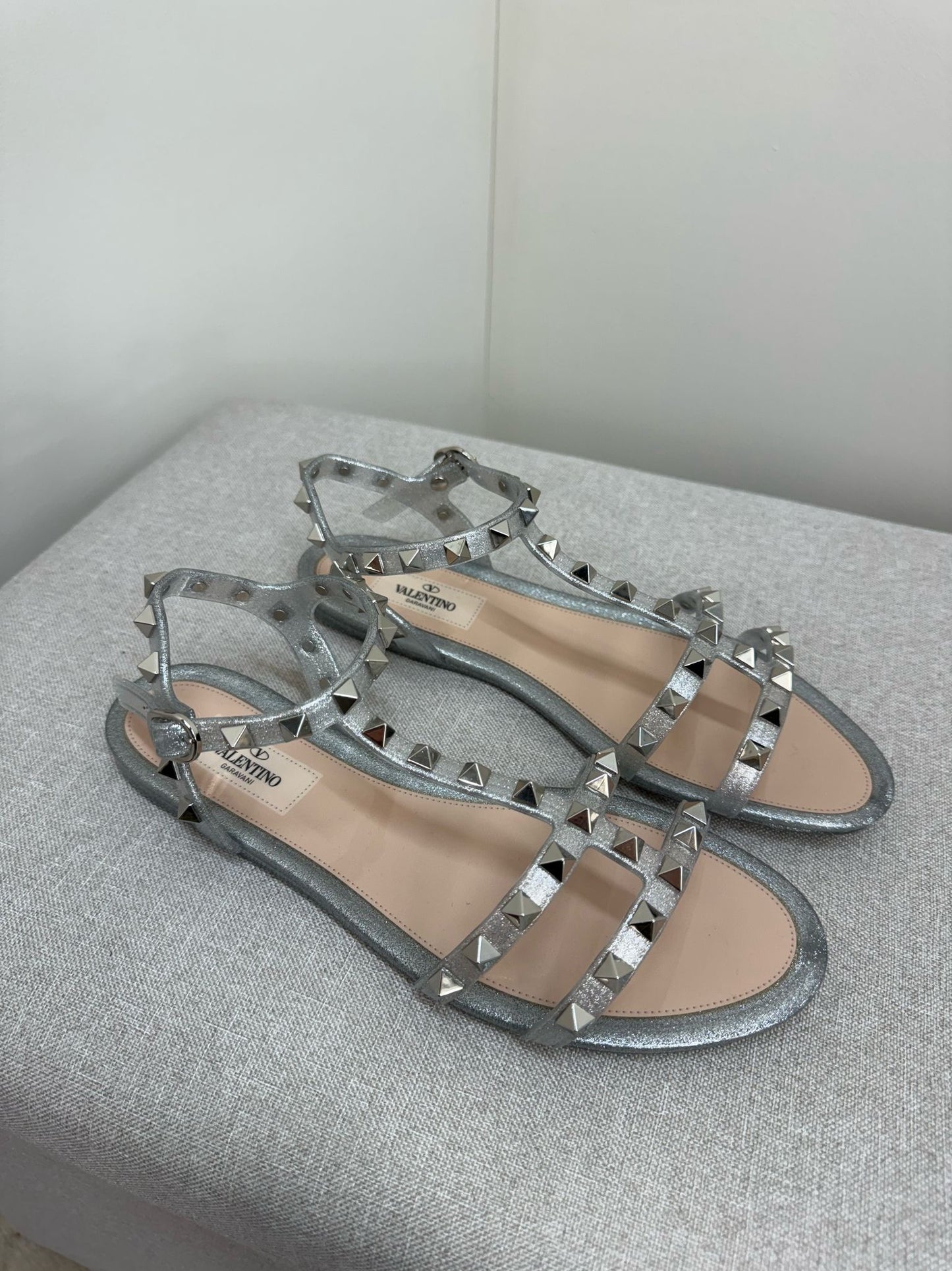 Valentino Argento Silver RockStudd Sandals , Brand New UK 4.5