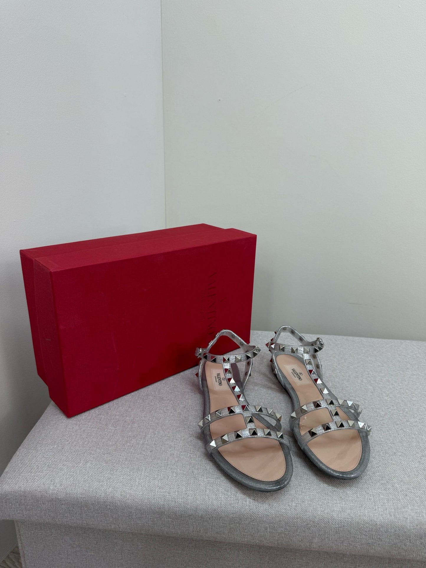 Valentino Argento Silver RockStudd Sandals , Brand New UK 4.5
