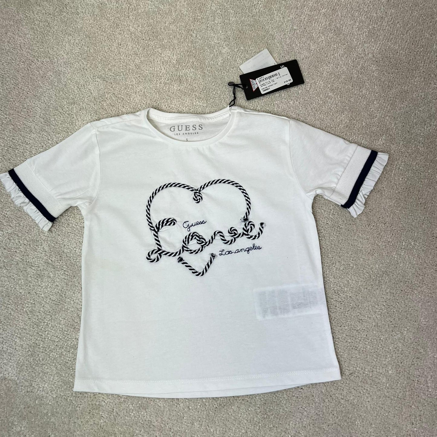 Kids Guess White Black Logo Heart T-Shirt, In Tag - Age 5
