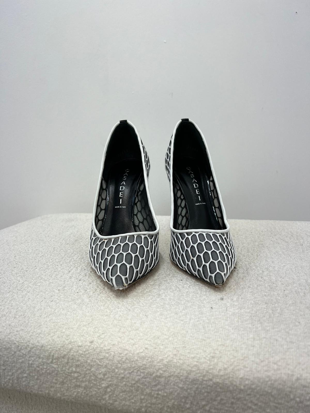 Casadei White And Grey Net Heels - UK 4
