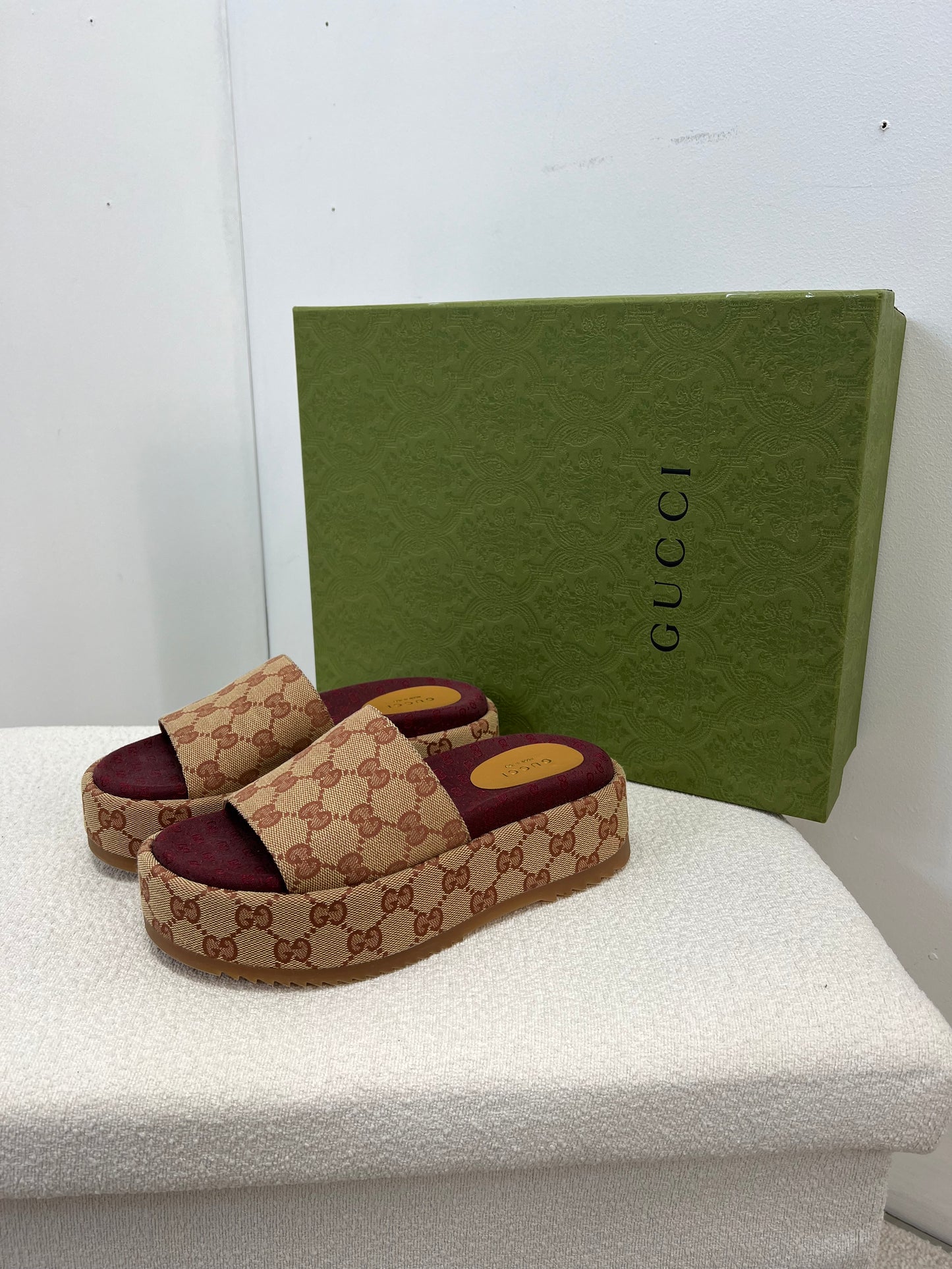 Gucci Platform camel and ebony maxi GG canvas Slide Sandal (Eu 35.5/ UK 2.5) Fits 3