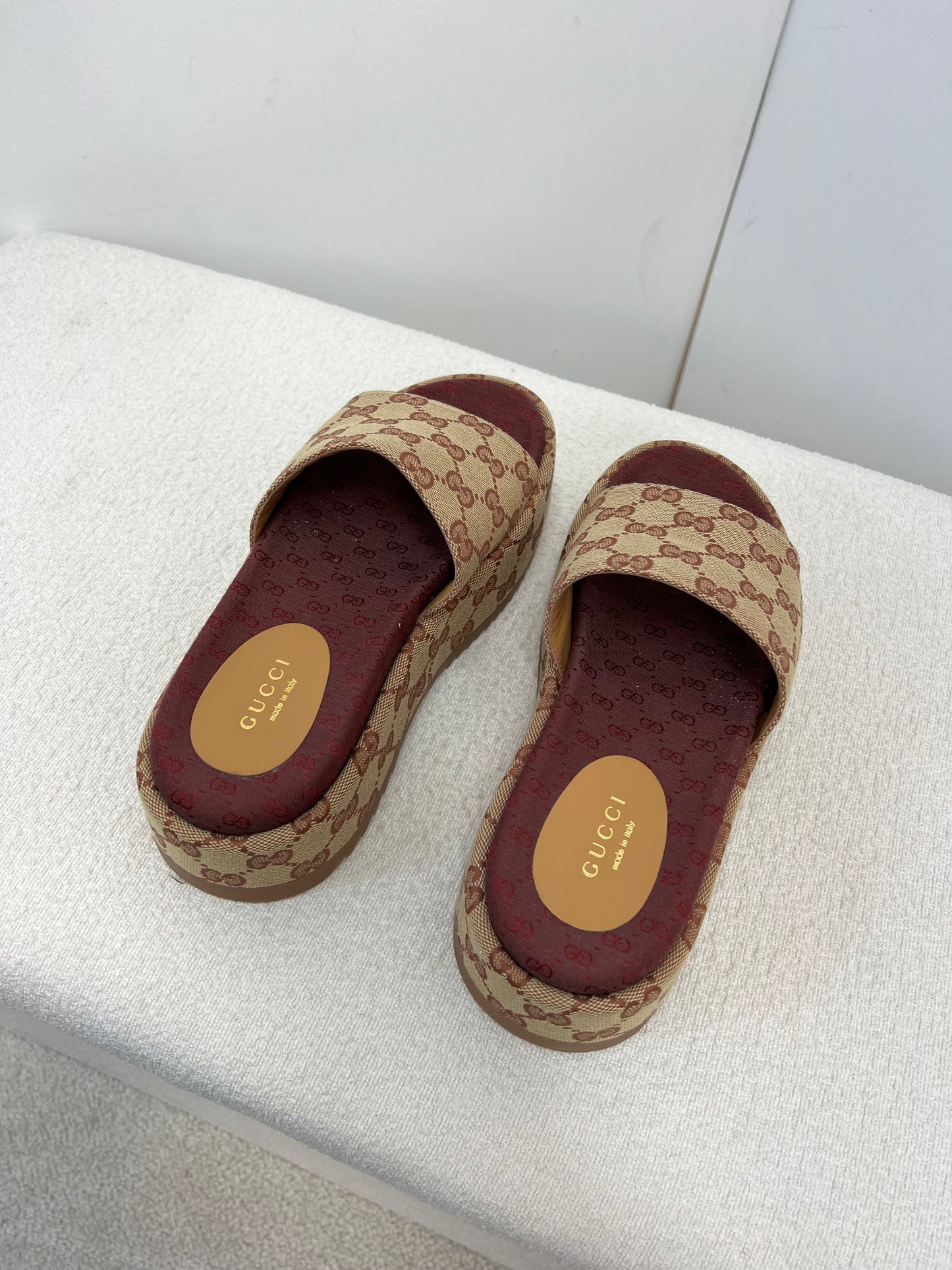 Gucci Platform camel and ebony maxi GG canvas Slide Sandal (Eu 35.5/ UK 2.5) Fits 3