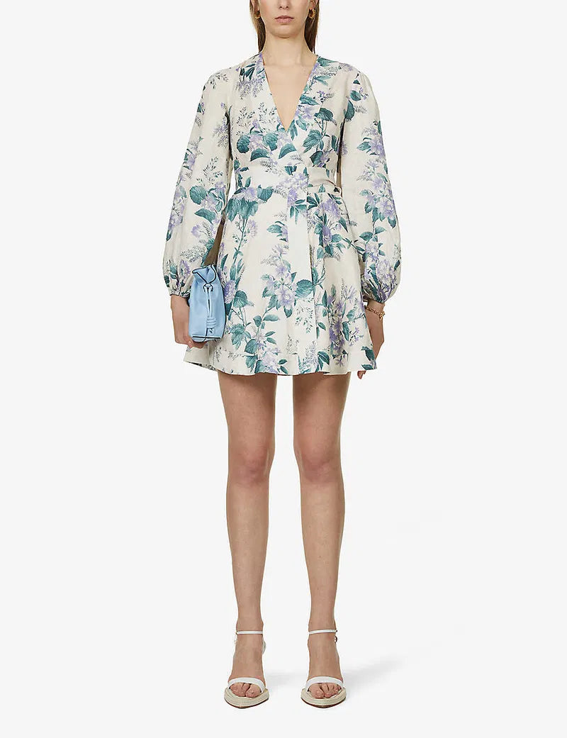 Zimmermann Cassia Floral-Print Linen Purple Green Floral Mini Dress -0
