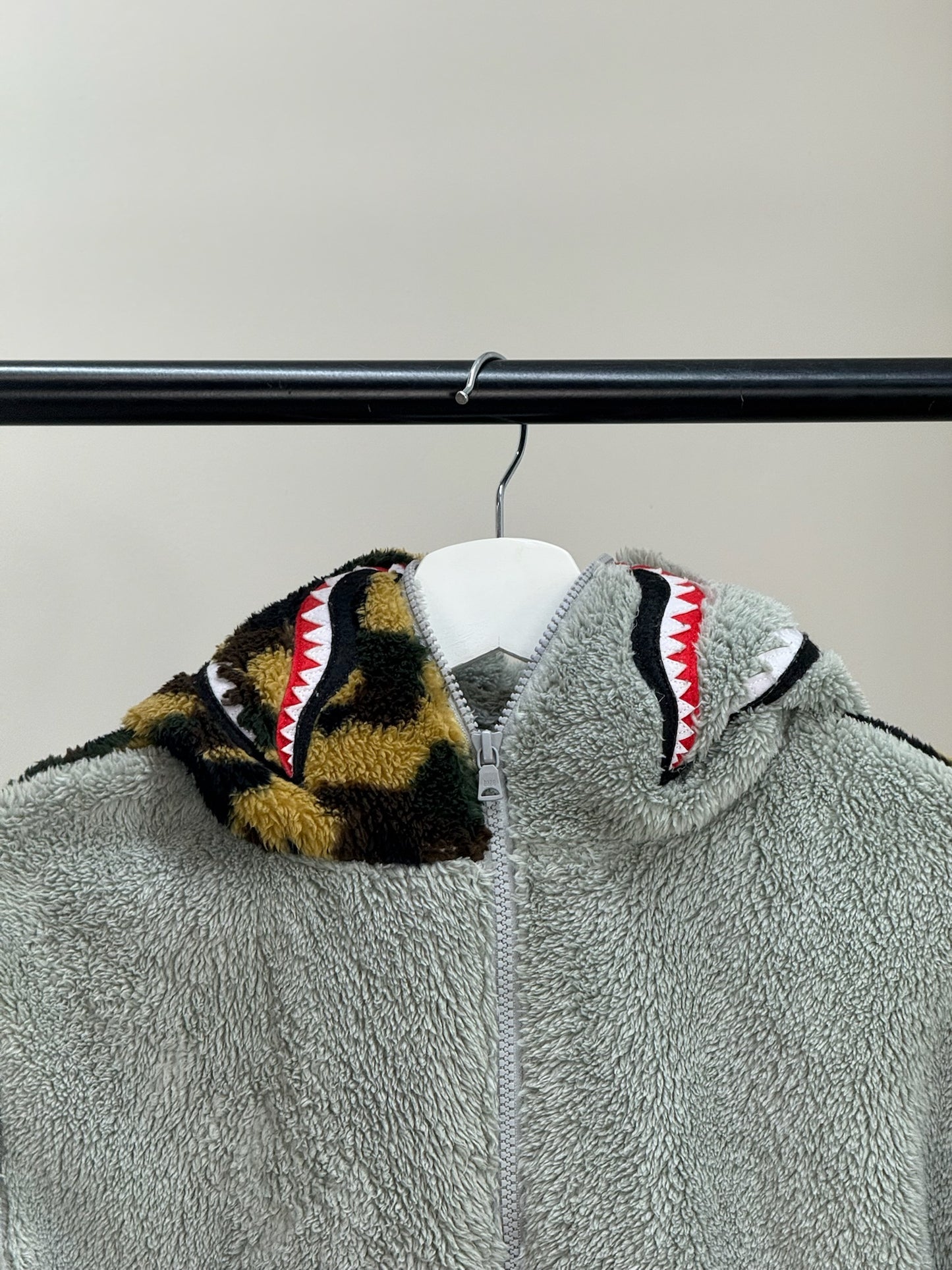 Bape Grey Zip Up Camo Boa Shark Fleece Jacket - Large