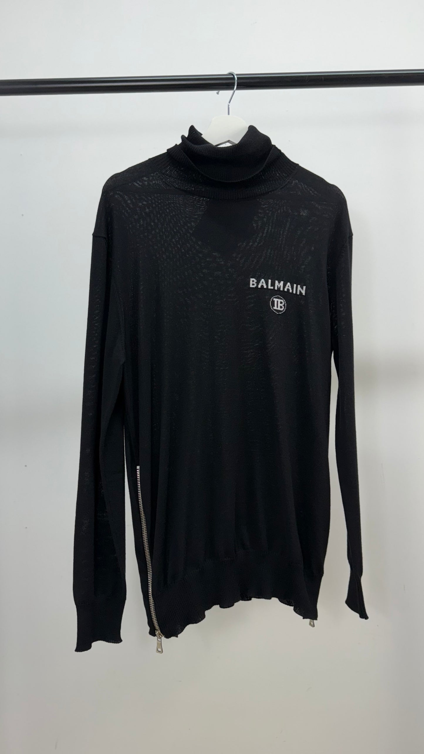 Balmain Black Logo Turtle Neck, Side Zip Up Jumper- Brand New In Tags, Medium
