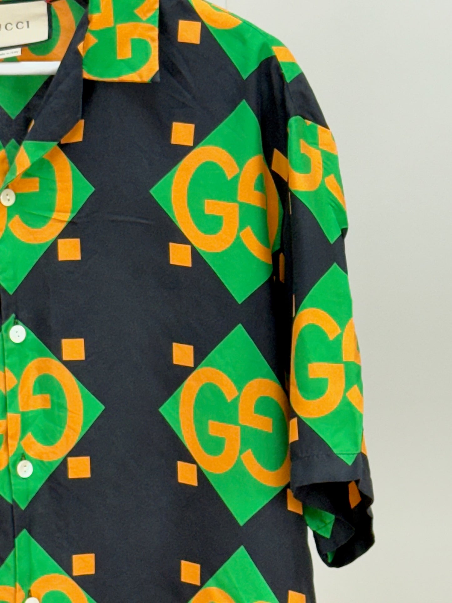 Gucci Black Green Gold GG Silk Shirt - 50