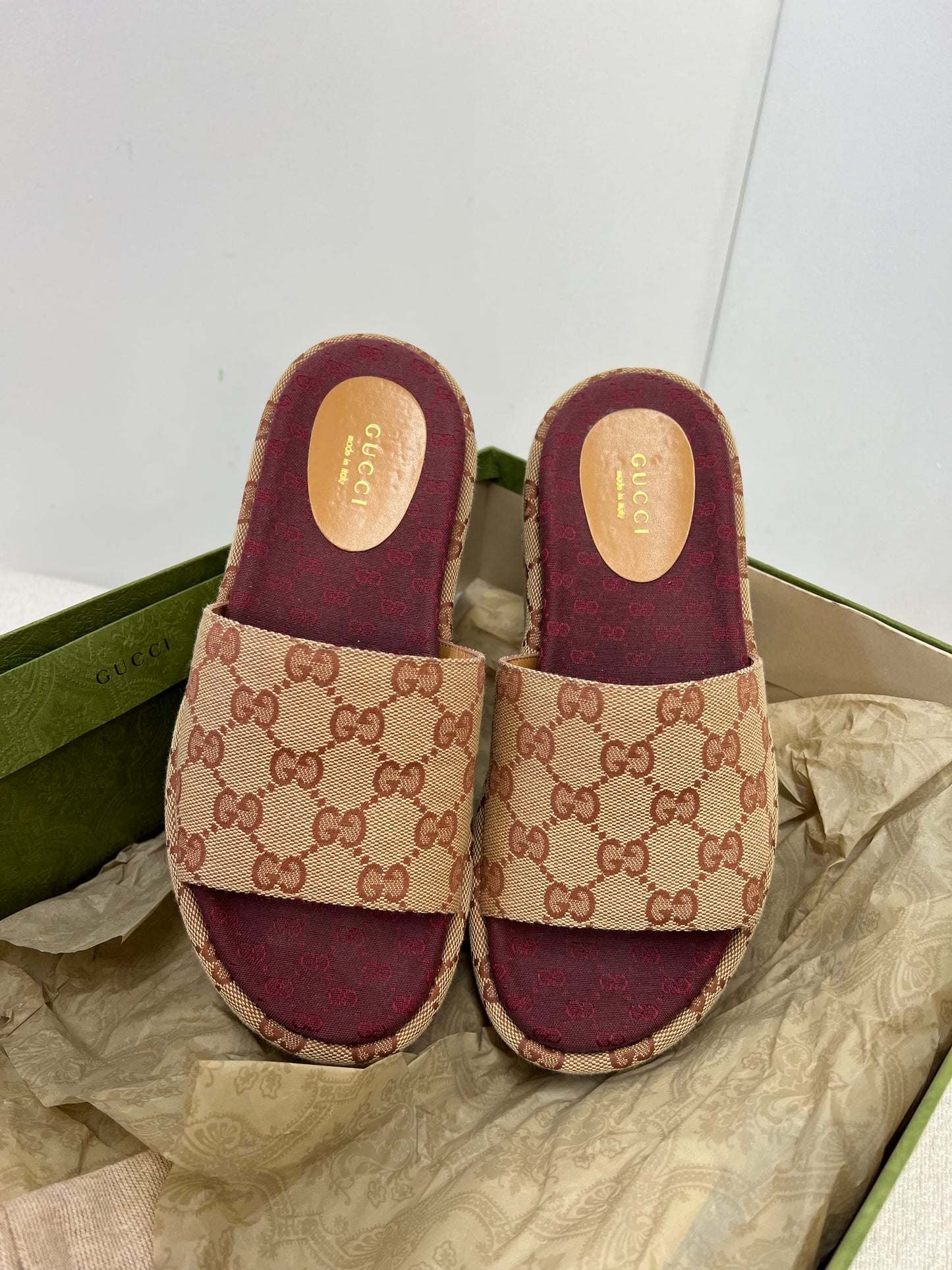 Gucci Platform camel and ebony maxi GG canvas Slide Sandal (Eu 35.5/ UK 2.5) Fits 3
