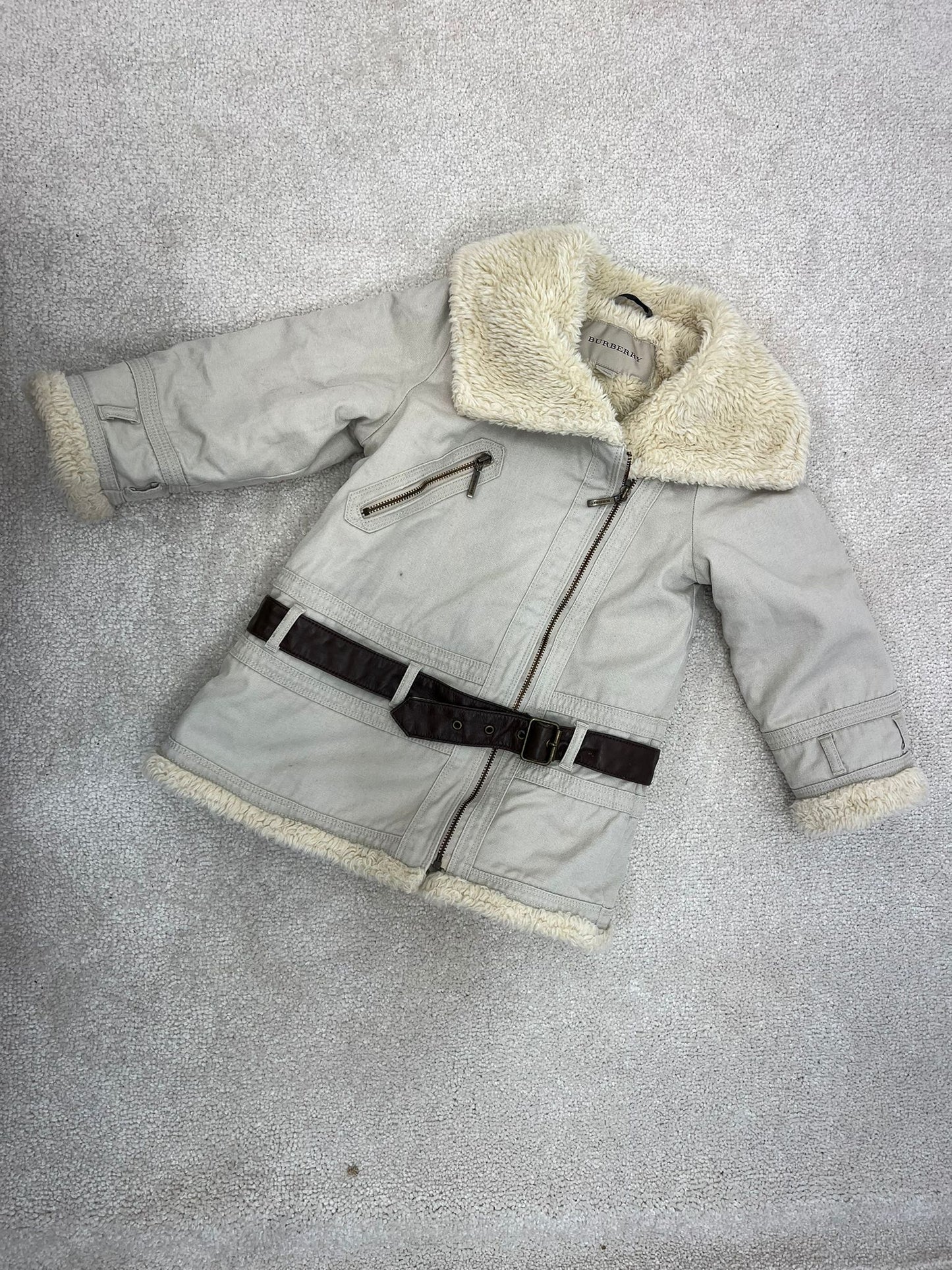 Kids Burberry Cream Zip Up With Belt Furr Coat - Age 3