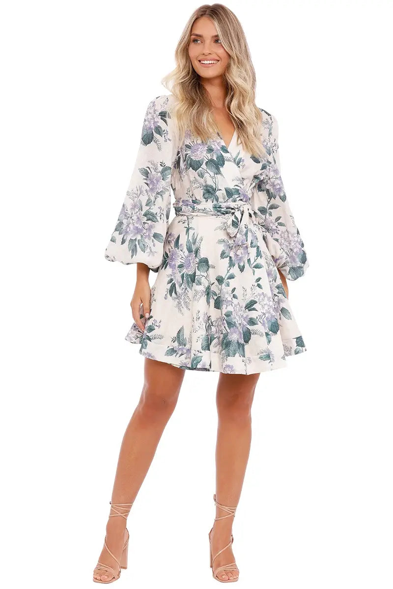 Zimmermann Cassia Floral-Print Linen Purple Green Floral Mini Dress -0