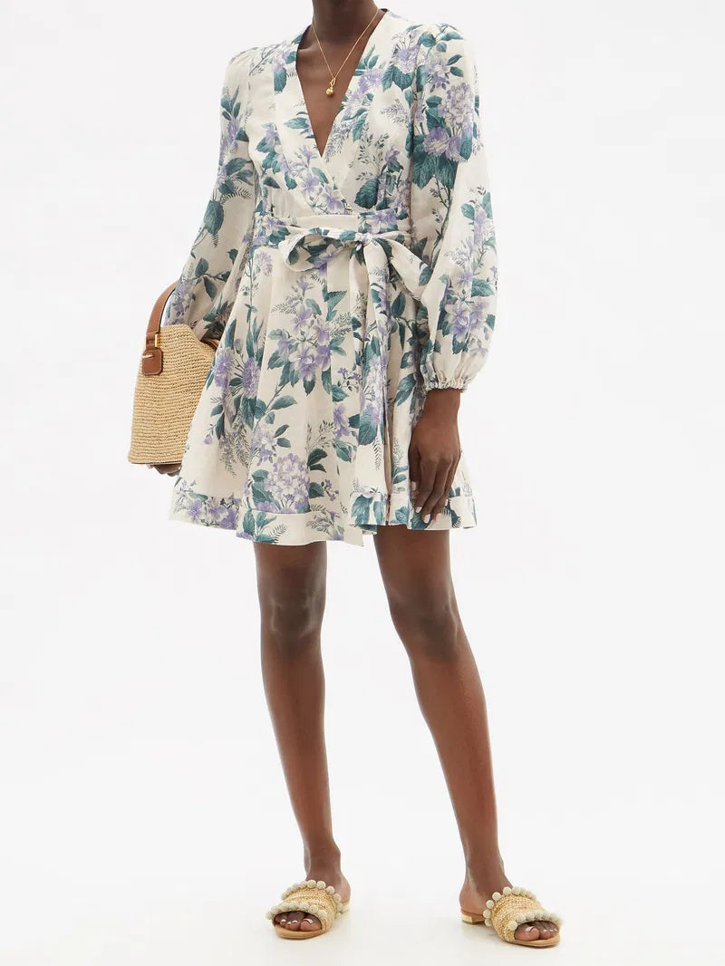Zimmermann Cassia Floral-Print Linen Purple Green Floral Mini Dress -0