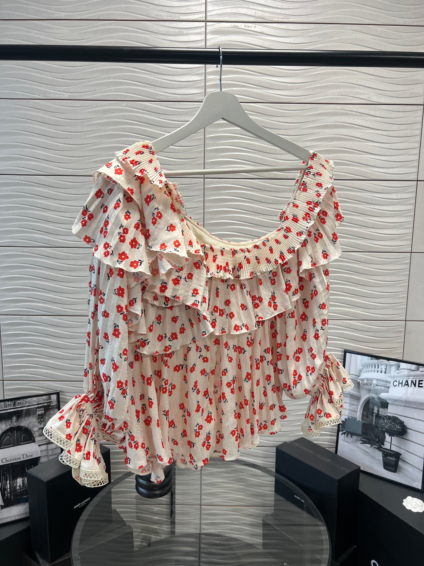 Self Portrait Ditsy Print, Off the Shoulder Floral Top - UK 10