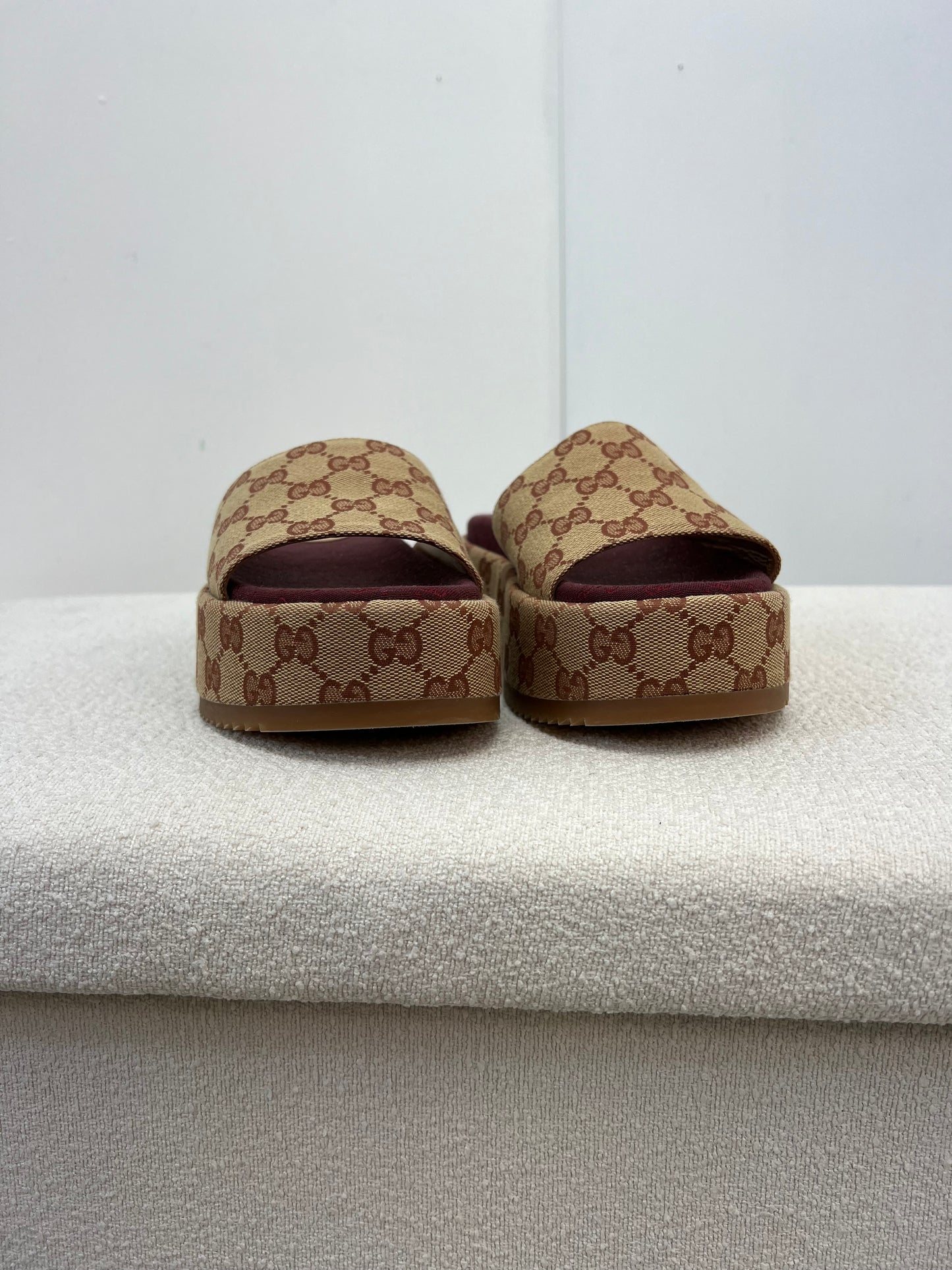 Gucci Platform camel and ebony maxi GG canvas Slide Sandal (Eu 35.5/ UK 2.5) Fits 3
