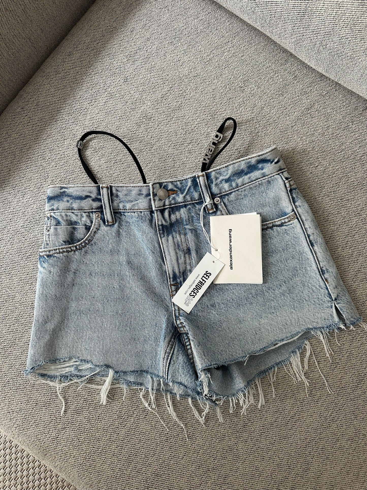 Alexander Wang Blue Denim Thong Diamonte Badge Shorts-Brand New In Tags XXS