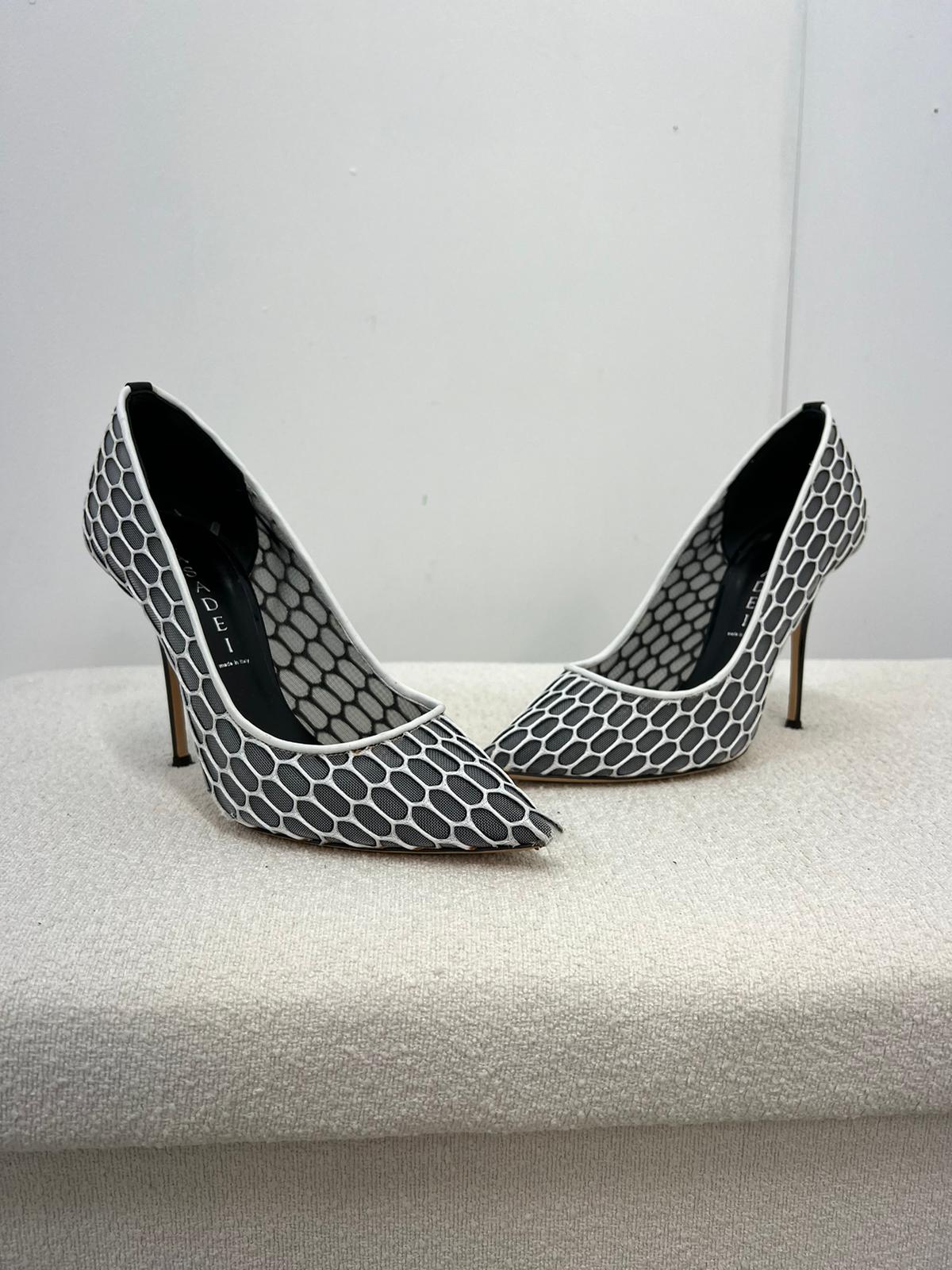 Casadei White And Grey Net Heels - UK 4