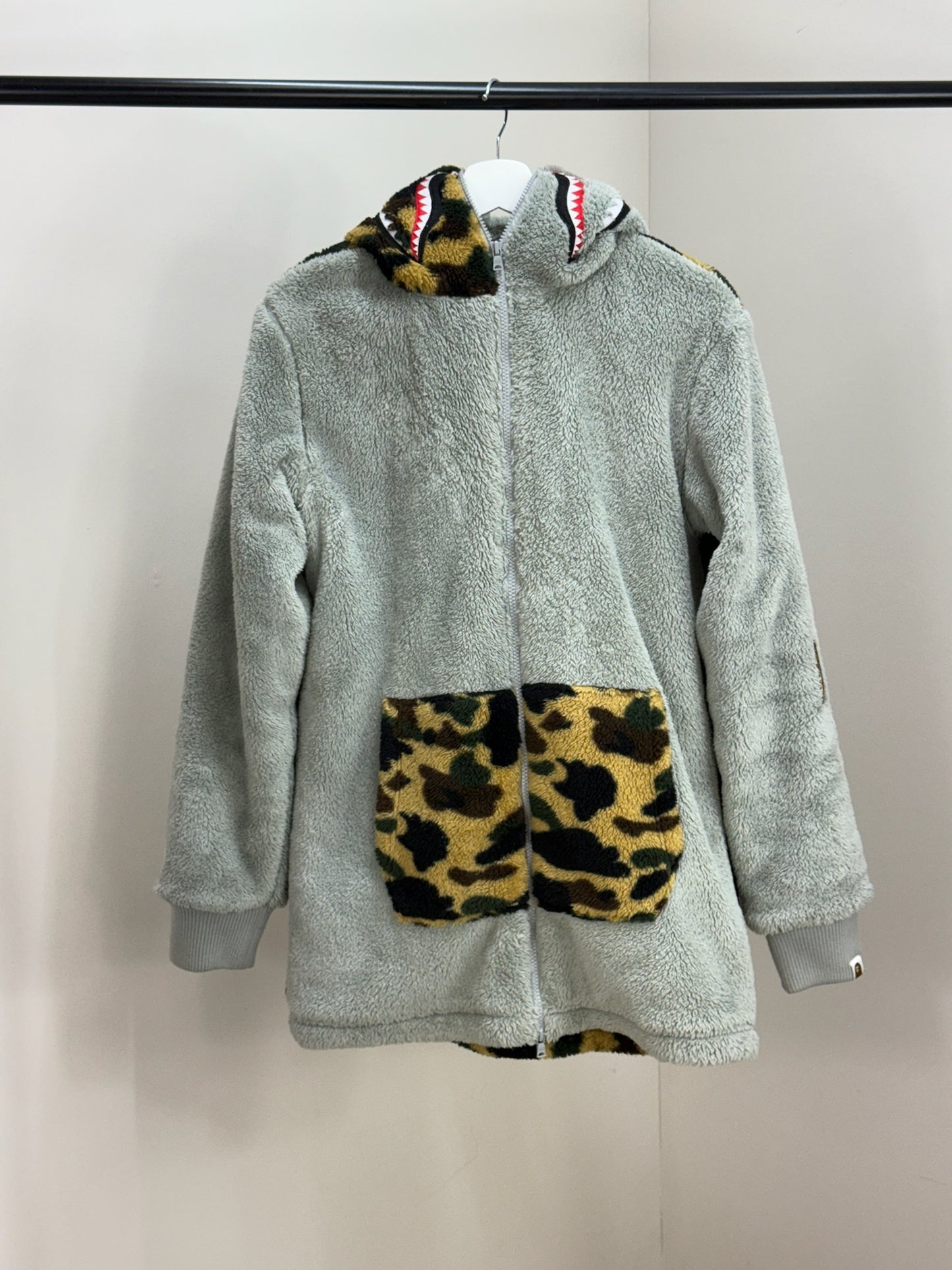 Bape Grey Zip Up Camo Boa Shark Fleece Jacket - Large