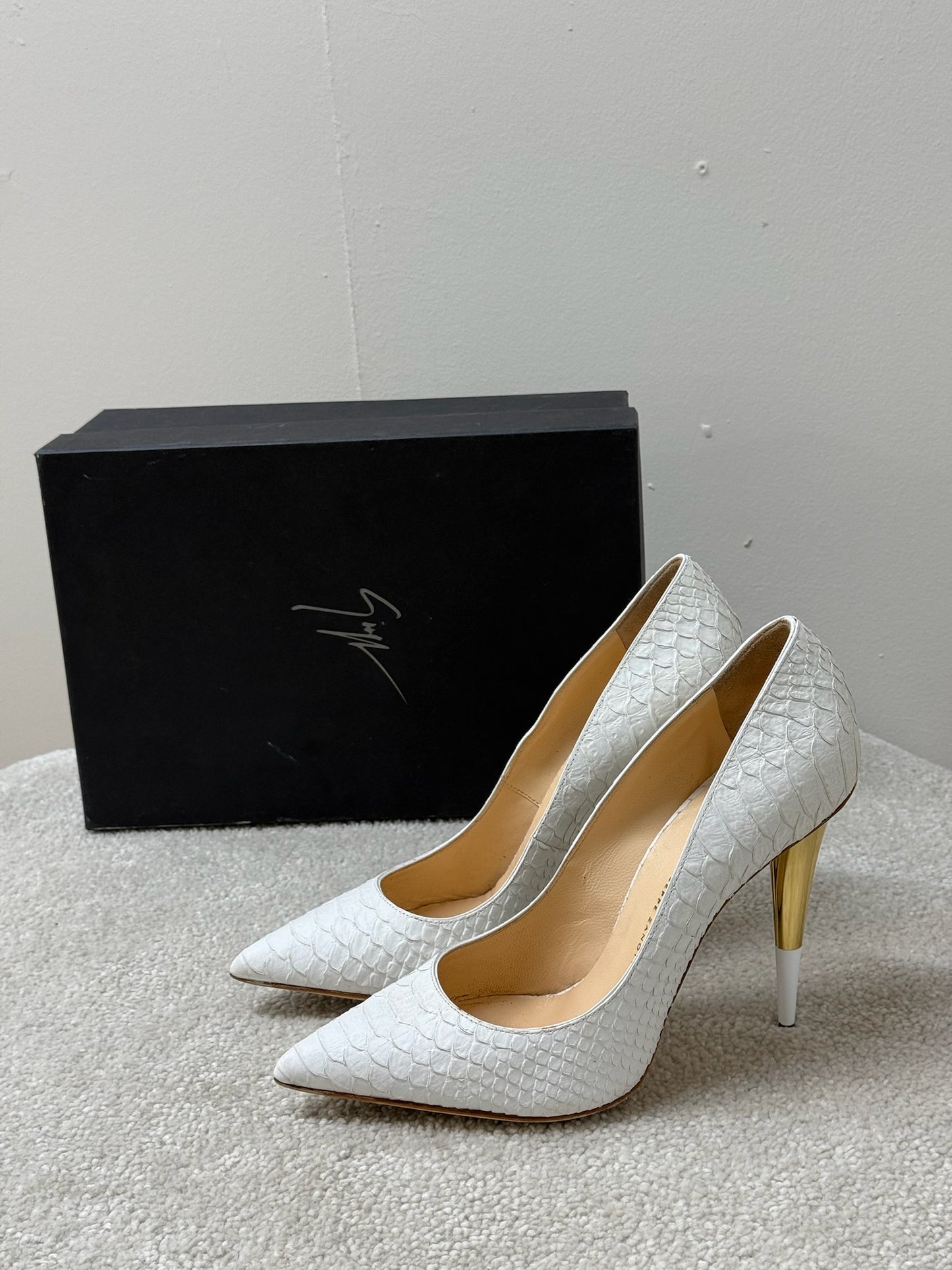 Giuseppe Zanotti White Golia Snake Print Heels- UK6