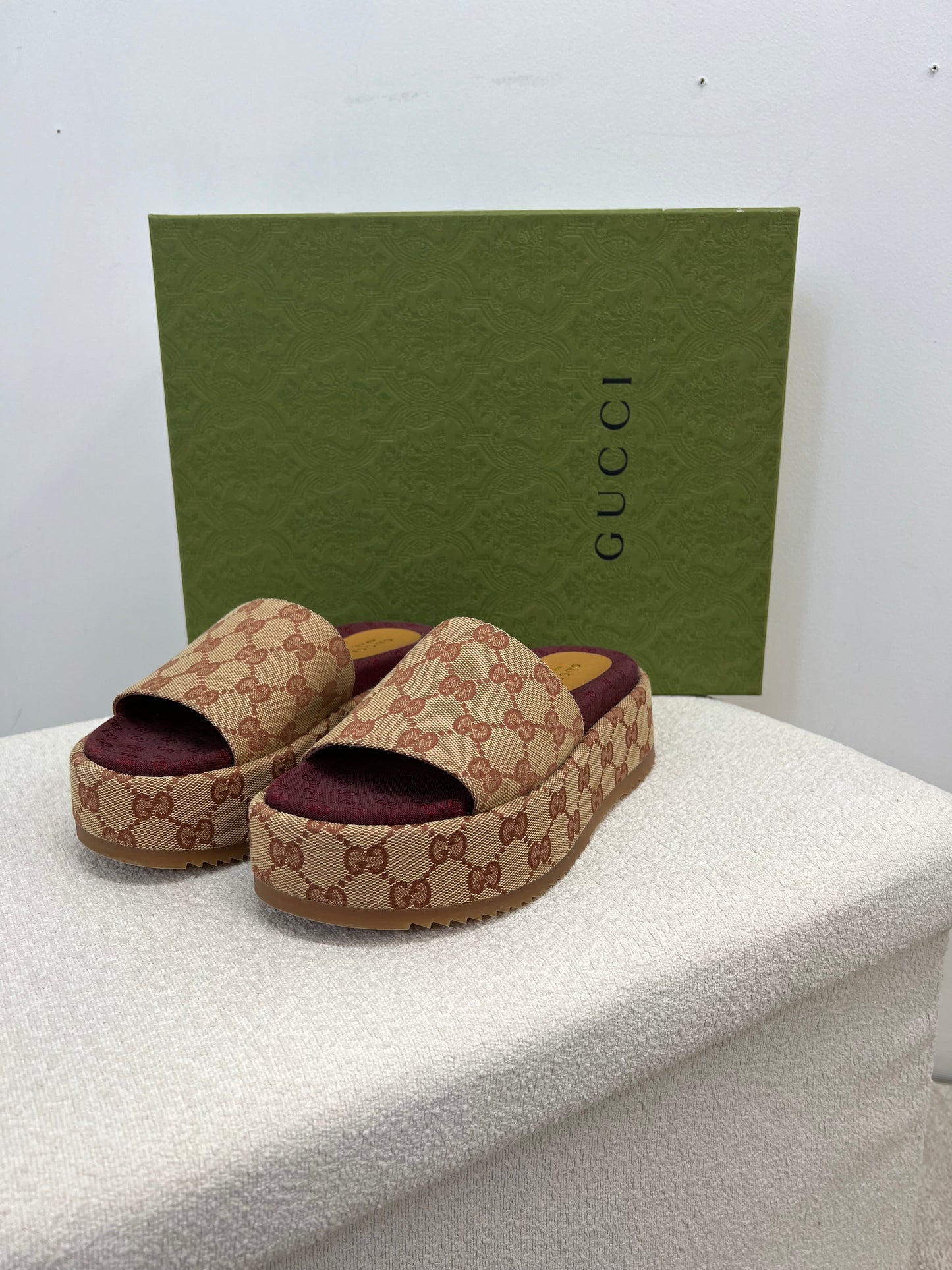 Gucci Platform camel and ebony maxi GG canvas Slide Sandal (Eu 35.5/ UK 2.5) Fits 3