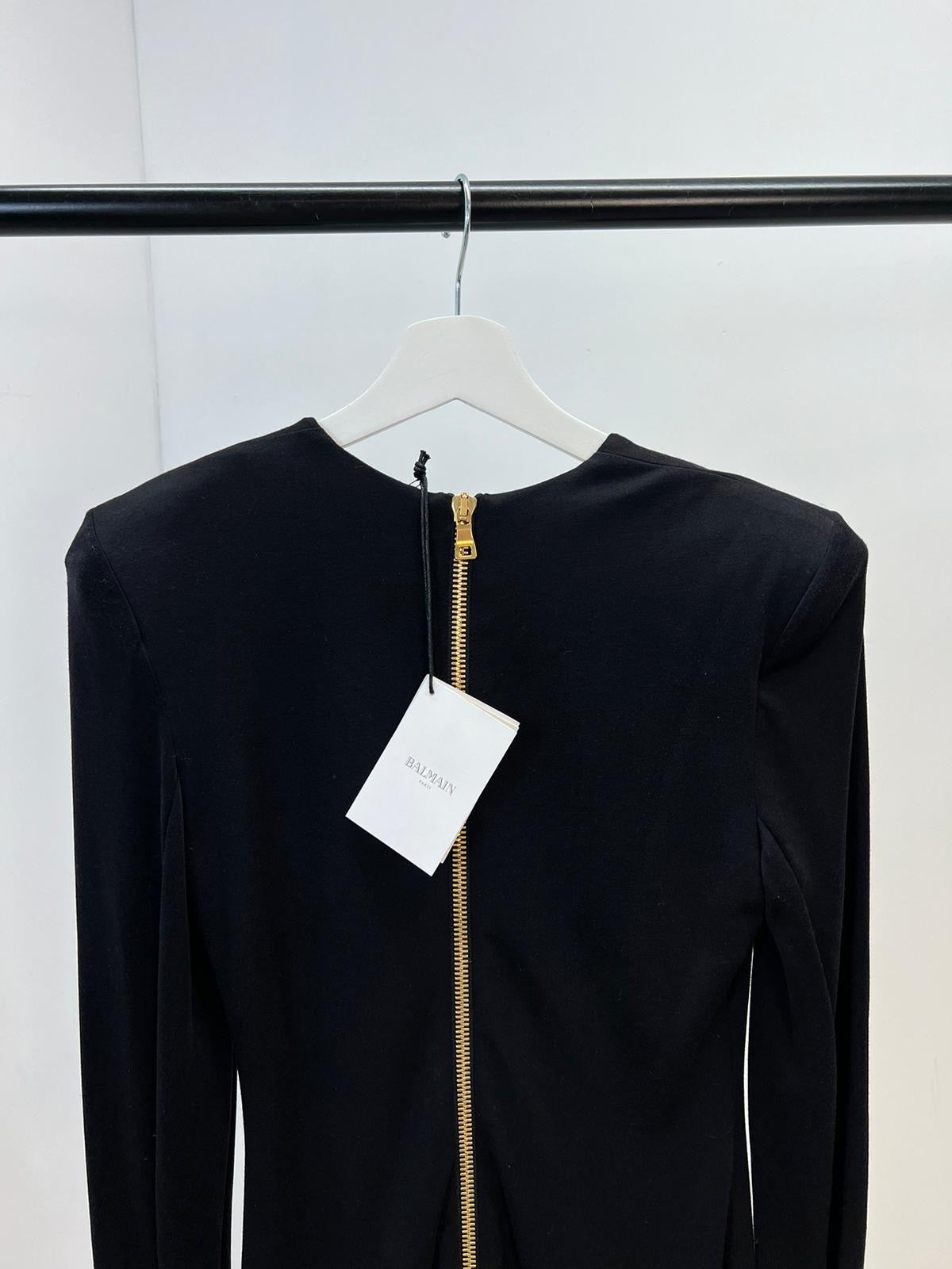 Balmain Black & Gold Detail Low Cut Long Sleeve Dress, Brand New In Tags - UK 8