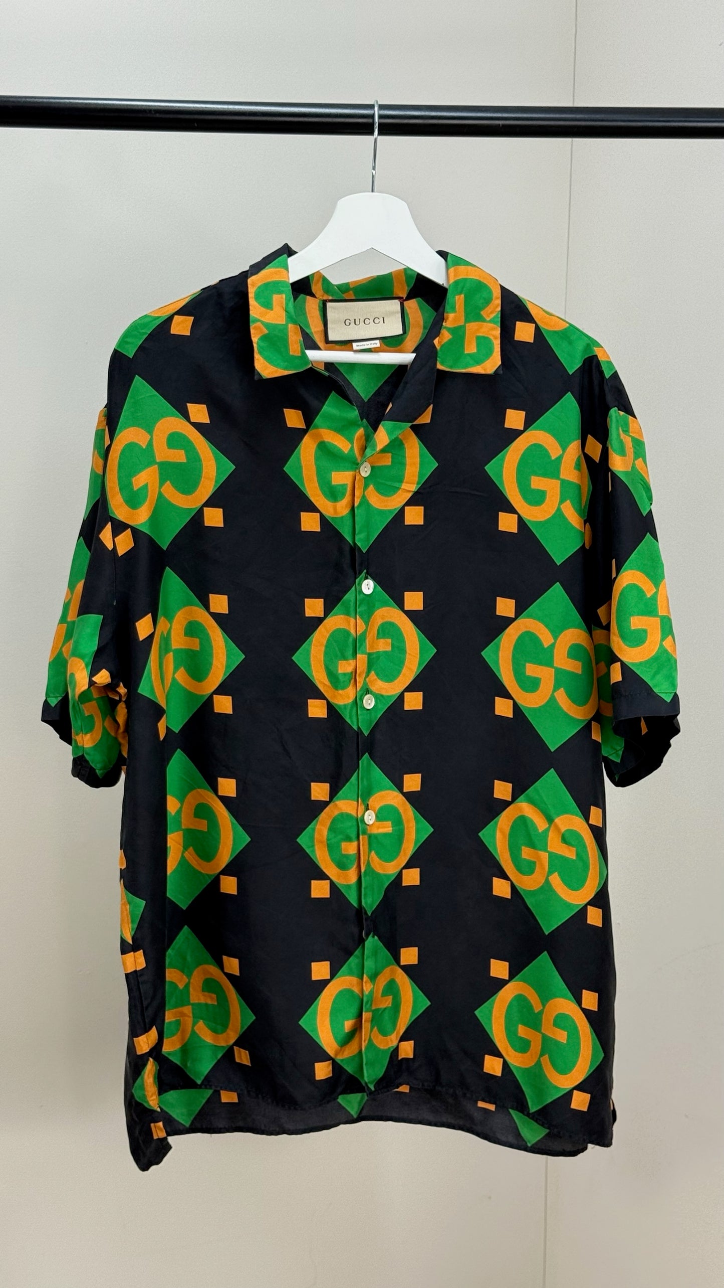 Gucci Black Green Gold GG Silk Shirt - 50